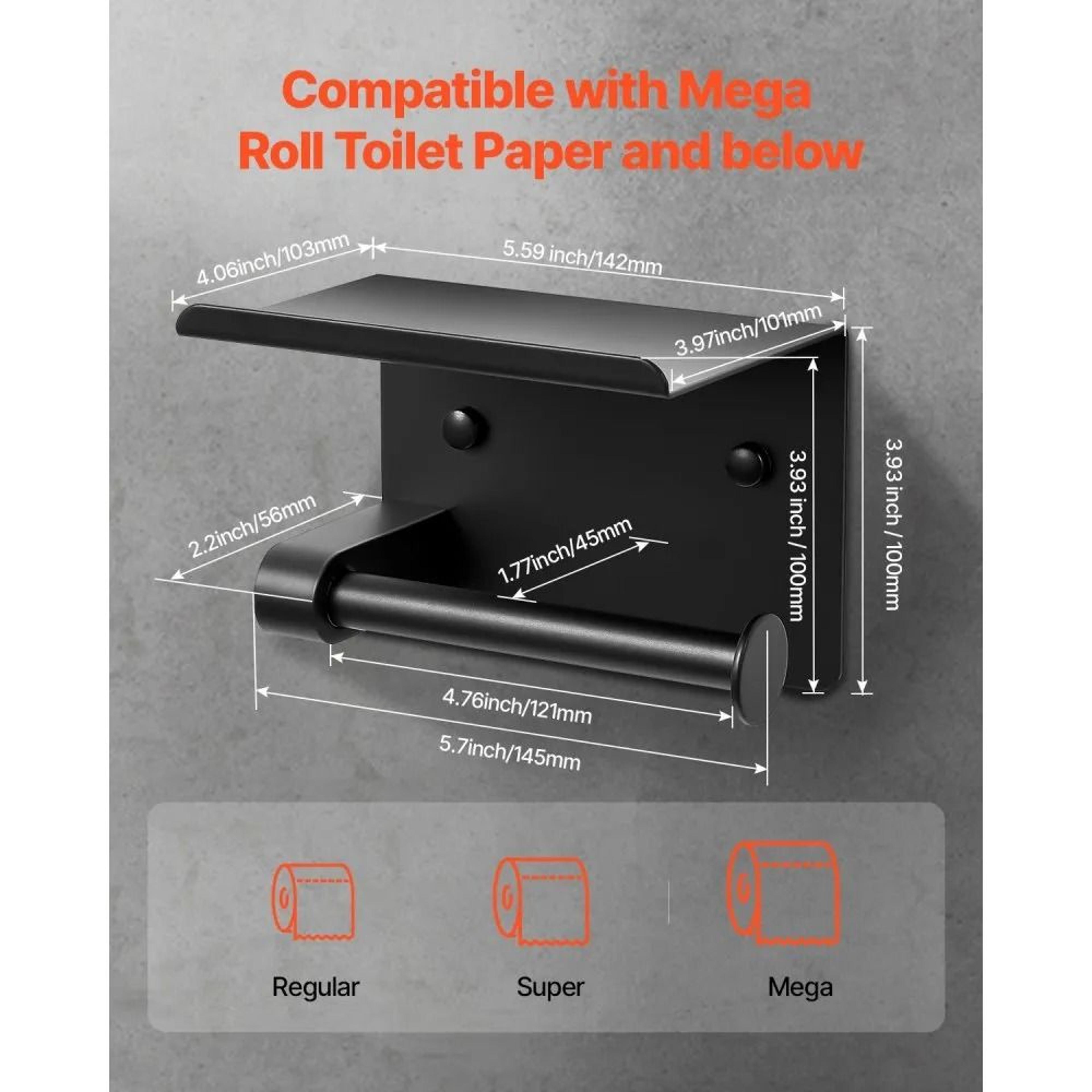Wall Mounted Toilet Paper Holder With Shelf For Mega Rolls In Matte Black 2