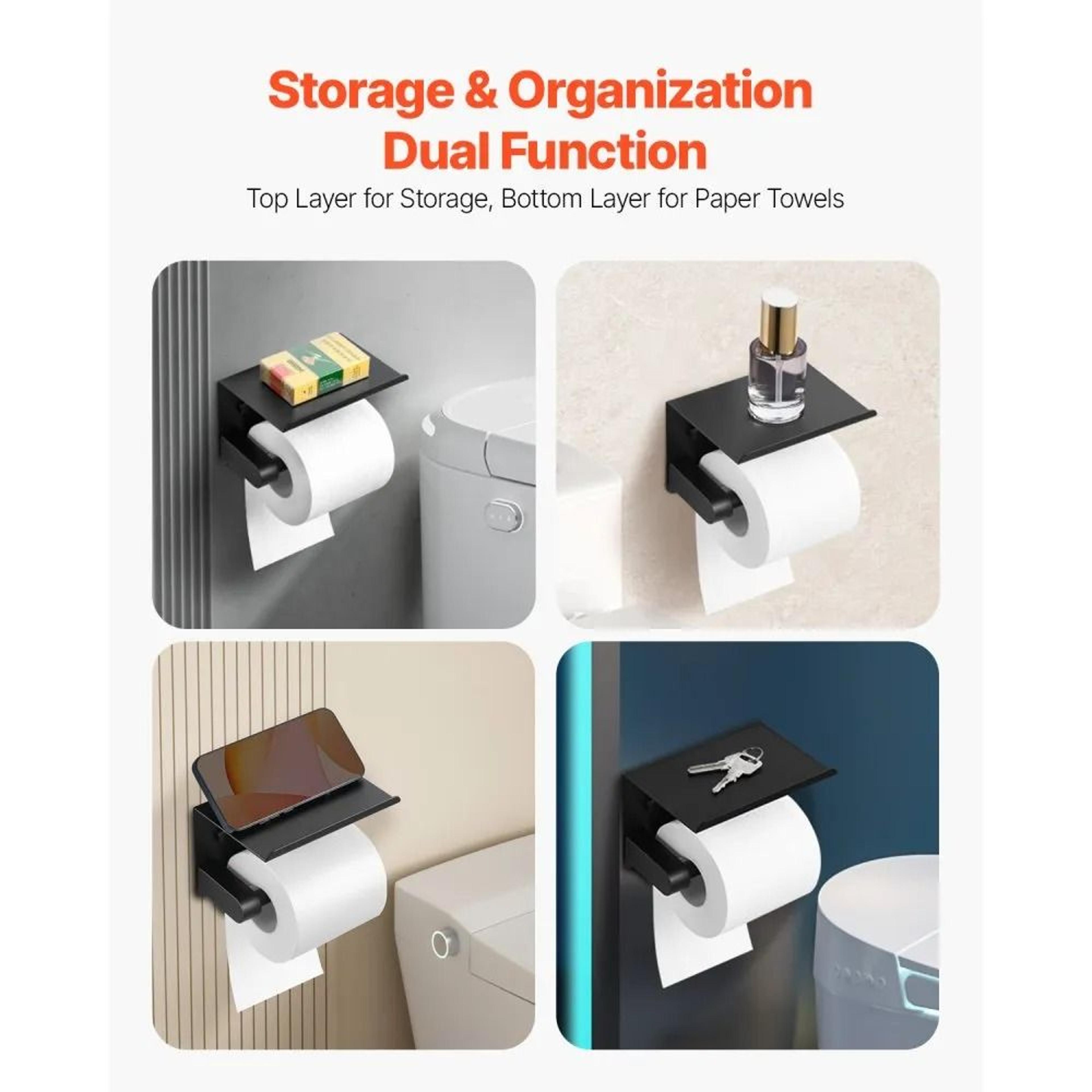 Wall Mounted Toilet Paper Holder With Shelf For Mega Rolls In Matte Black 3