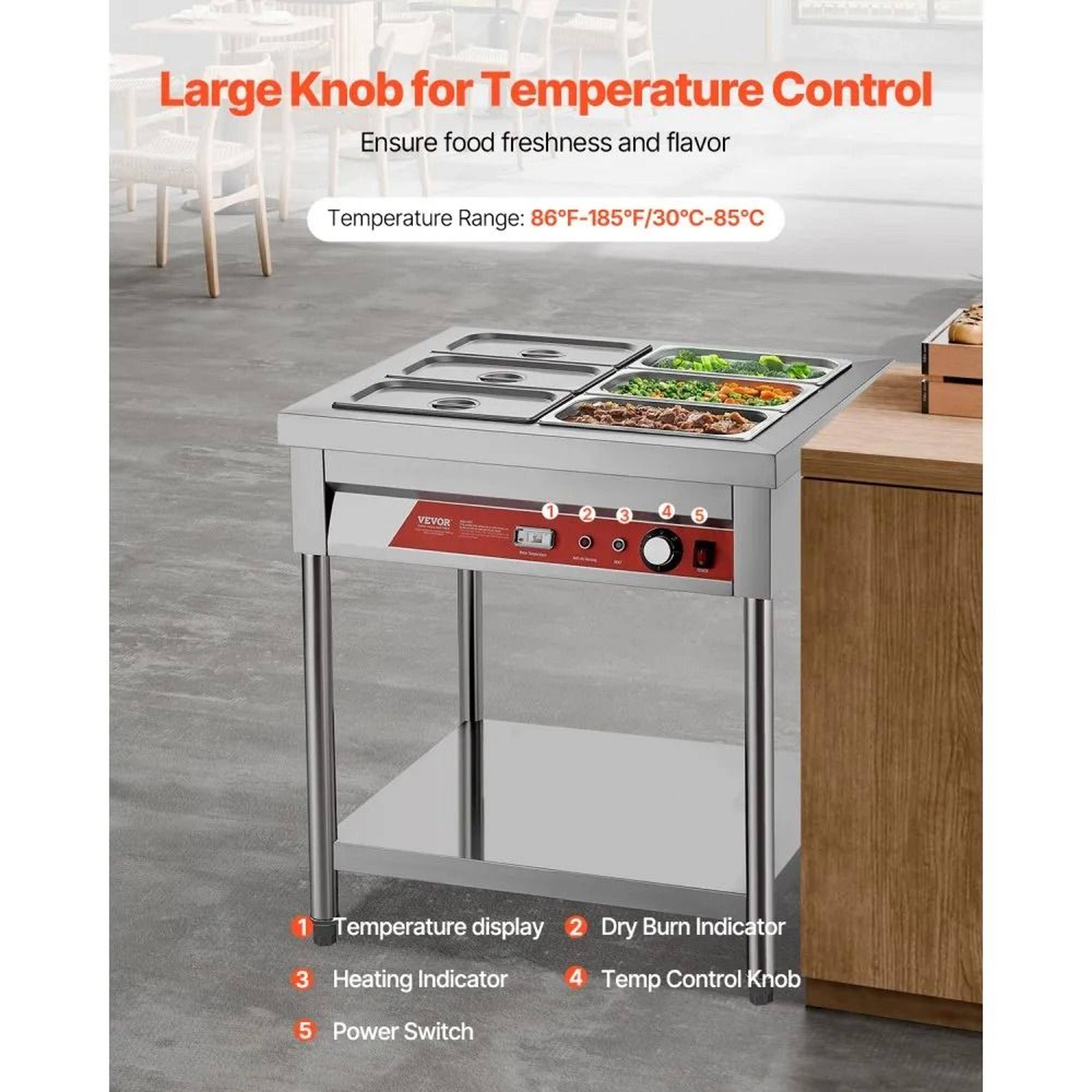 6Pan Commercial Electric Food Warmer 1500W Stainless Steel Steam Table With Undershelf 4