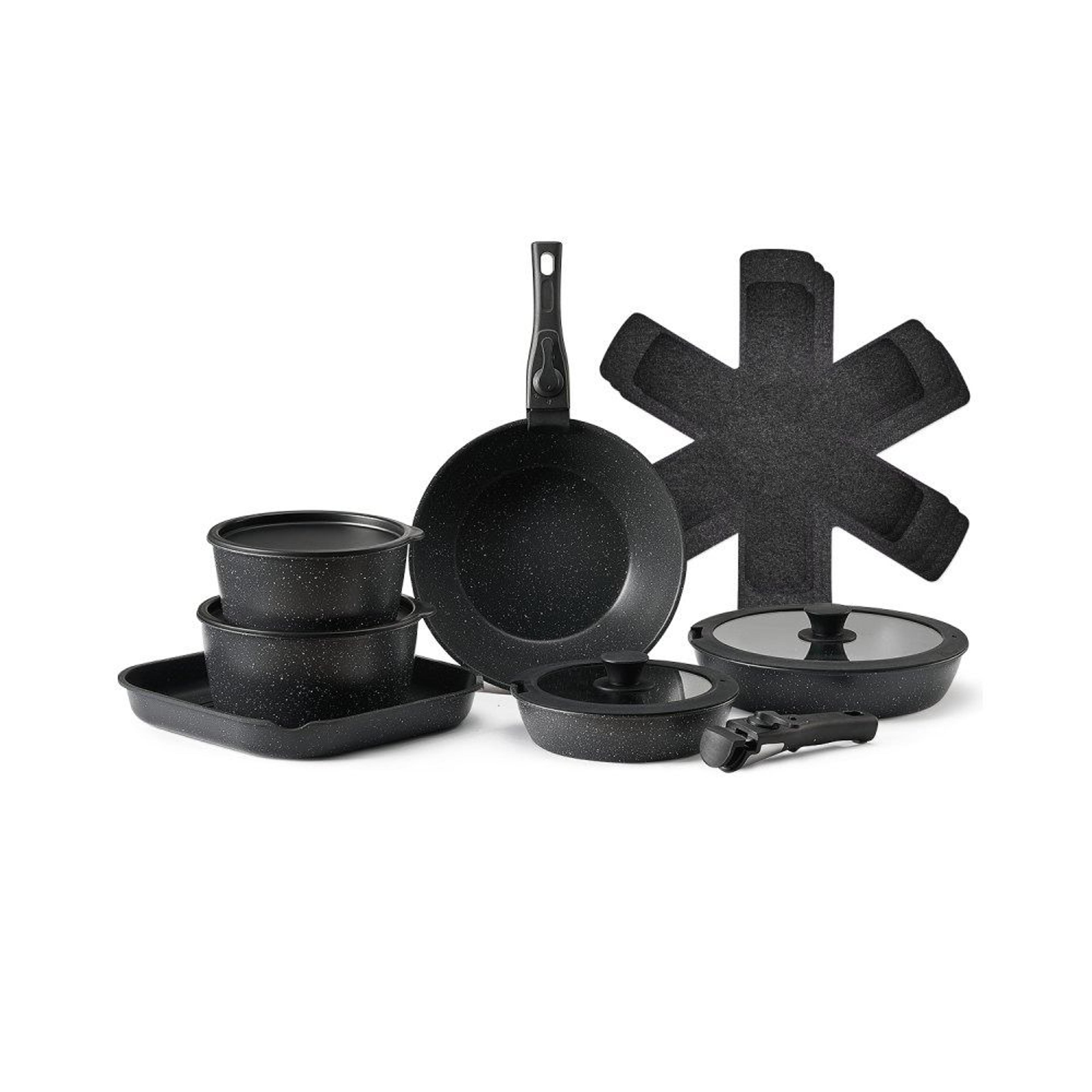 17-piece nonstick pots and pans set with detachable handles for induction cooking