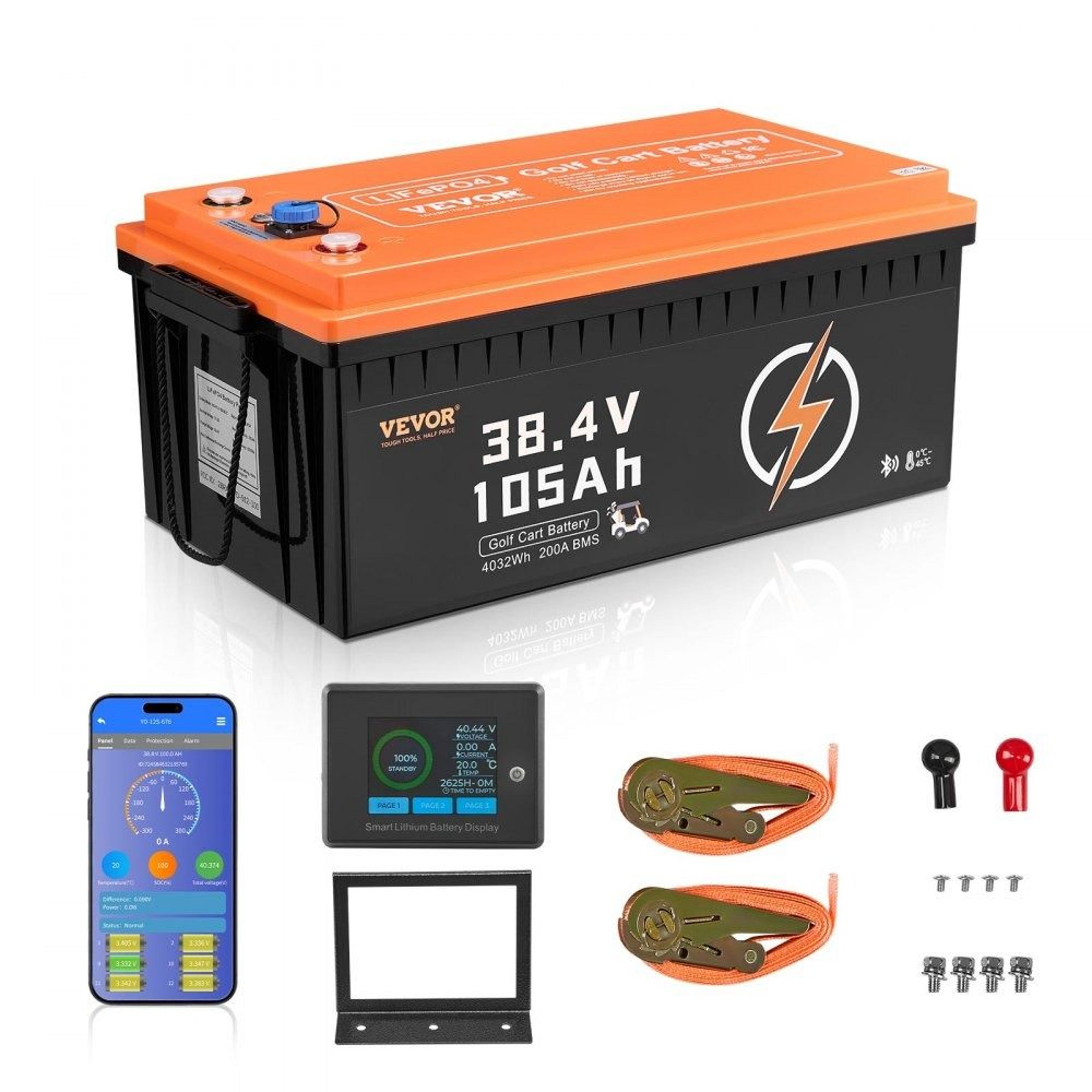 36v 105ah lifepo4 golf cart lithium battery with 200a bms and bluetooth lcd monitor