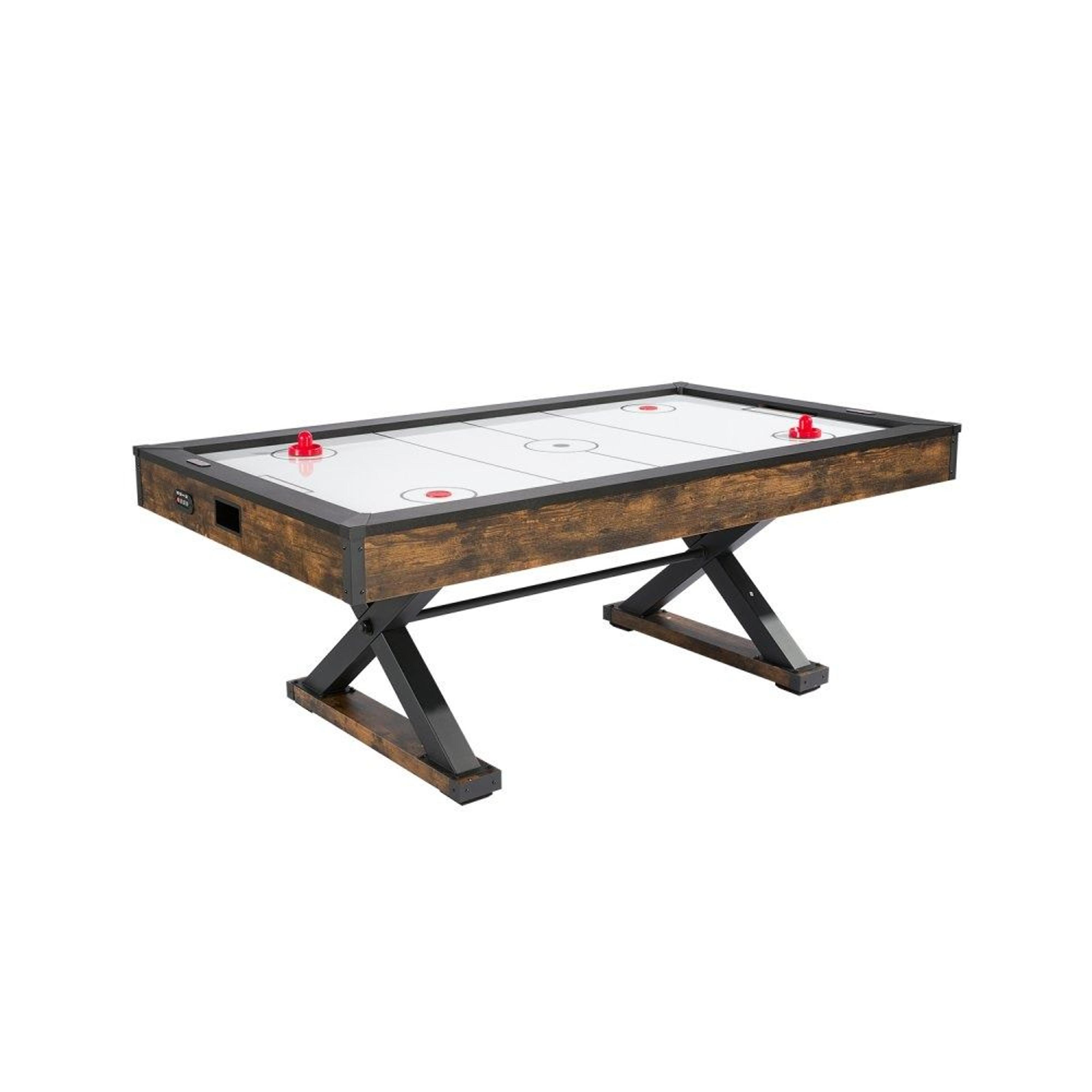 84-inch air hockey table with electronic scorer and rustic wood design