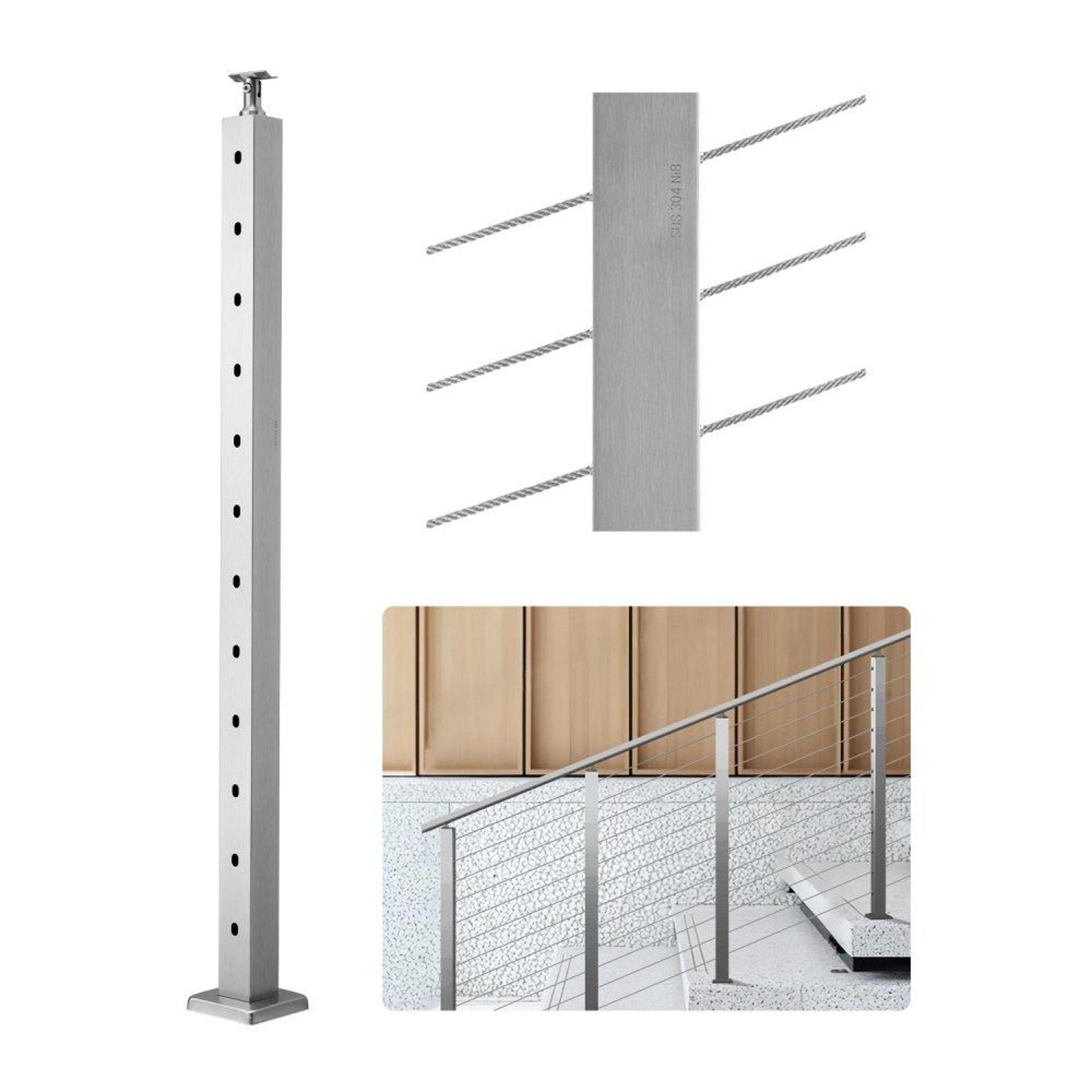 stainless steel cable railing post with 30° angled holes and handrail brackets