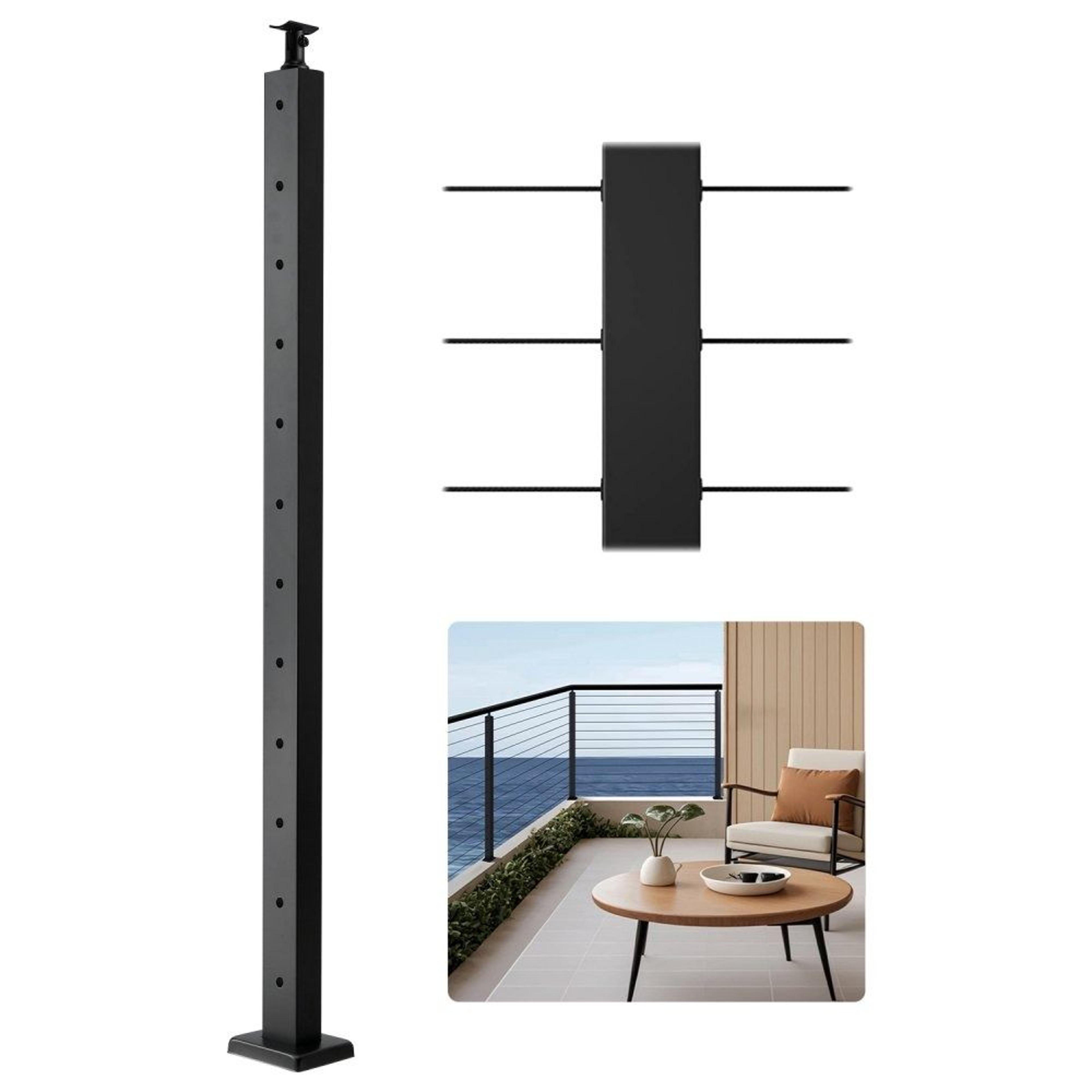 42-inch black stainless steel cable railing post with pre-drilled horizontal holes