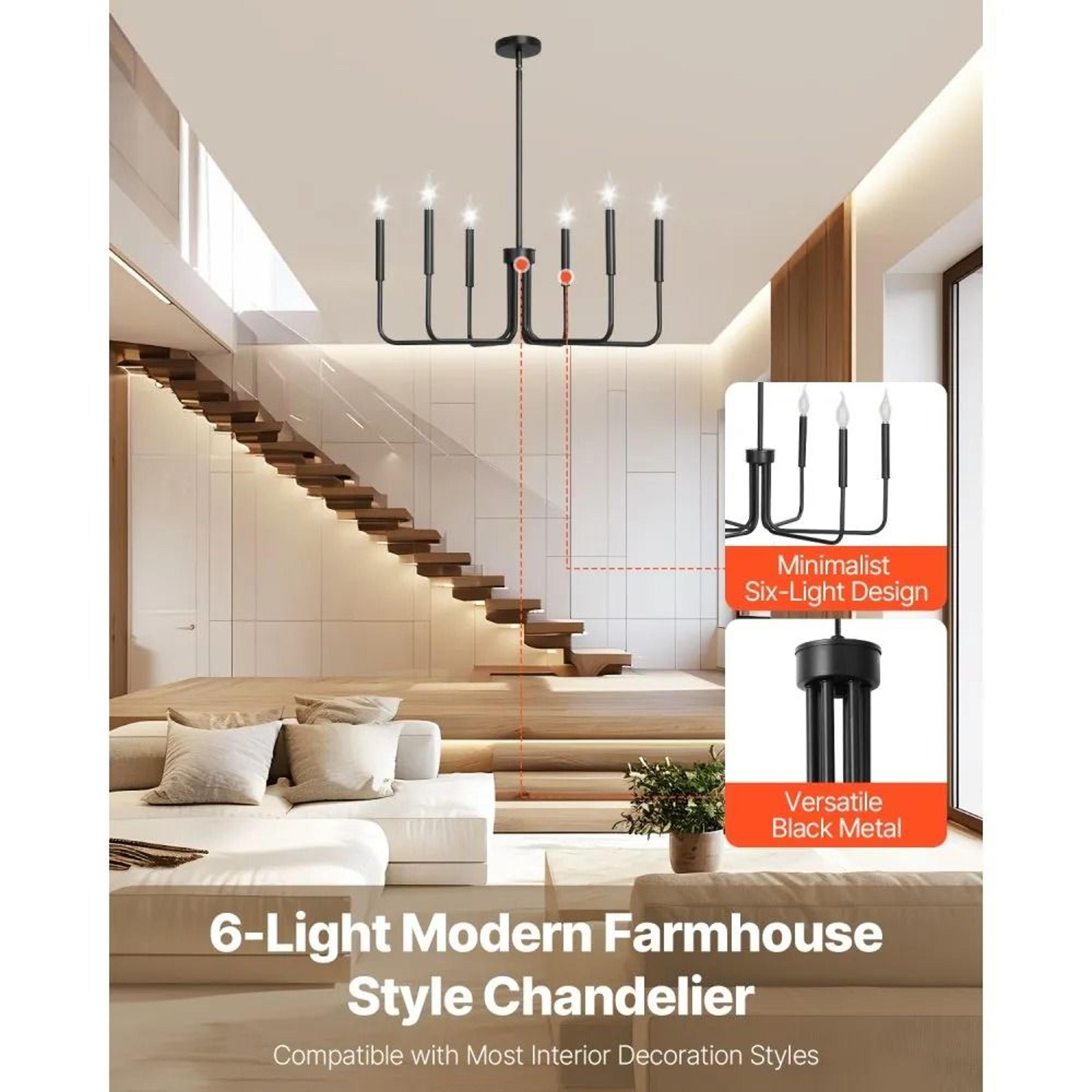 6Light Black Farmhouse Chandelier With Adjustable Height And Metal Frame 1