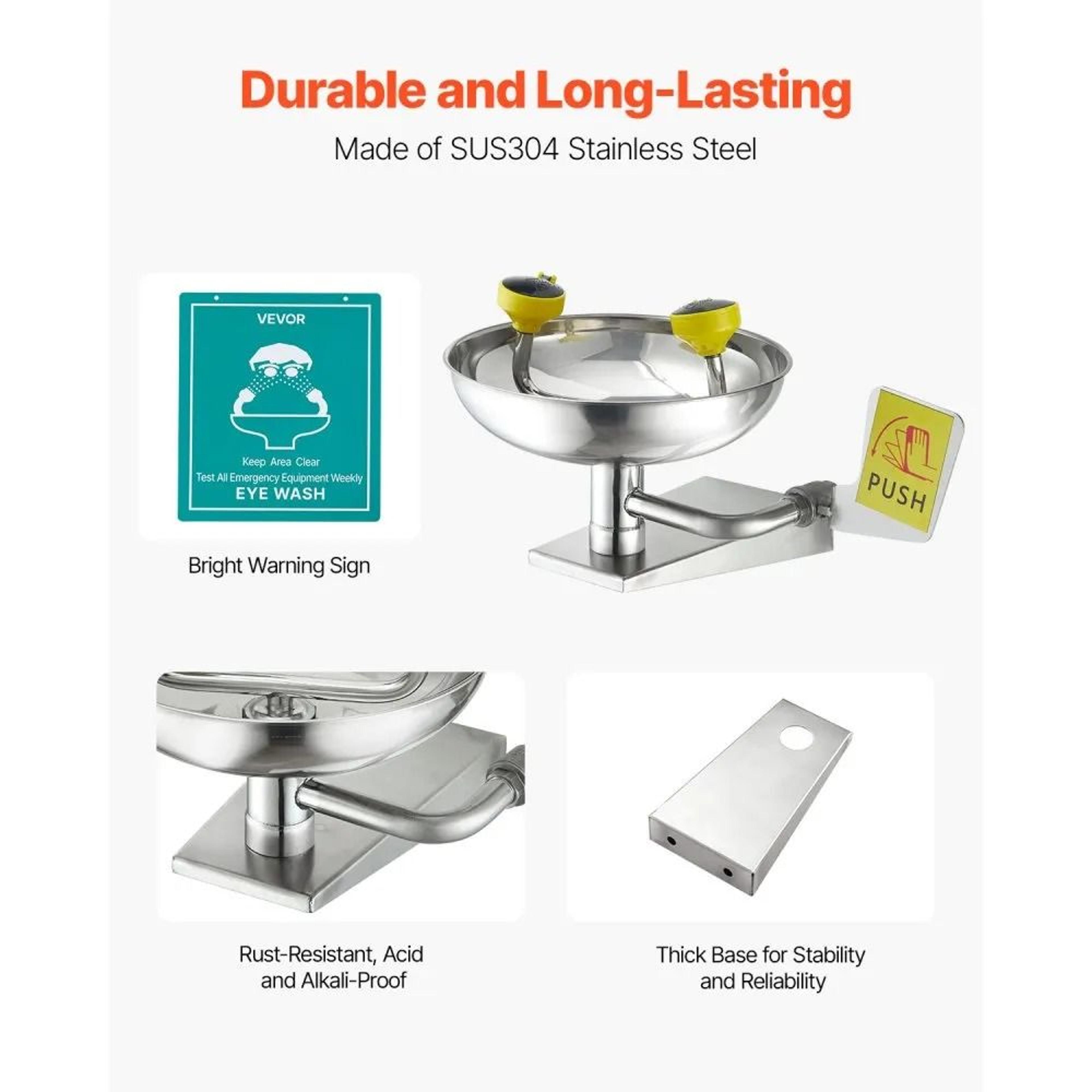 Emergency Eye Wash Station WallMounted Stainless Steel Eyewash Unit 4