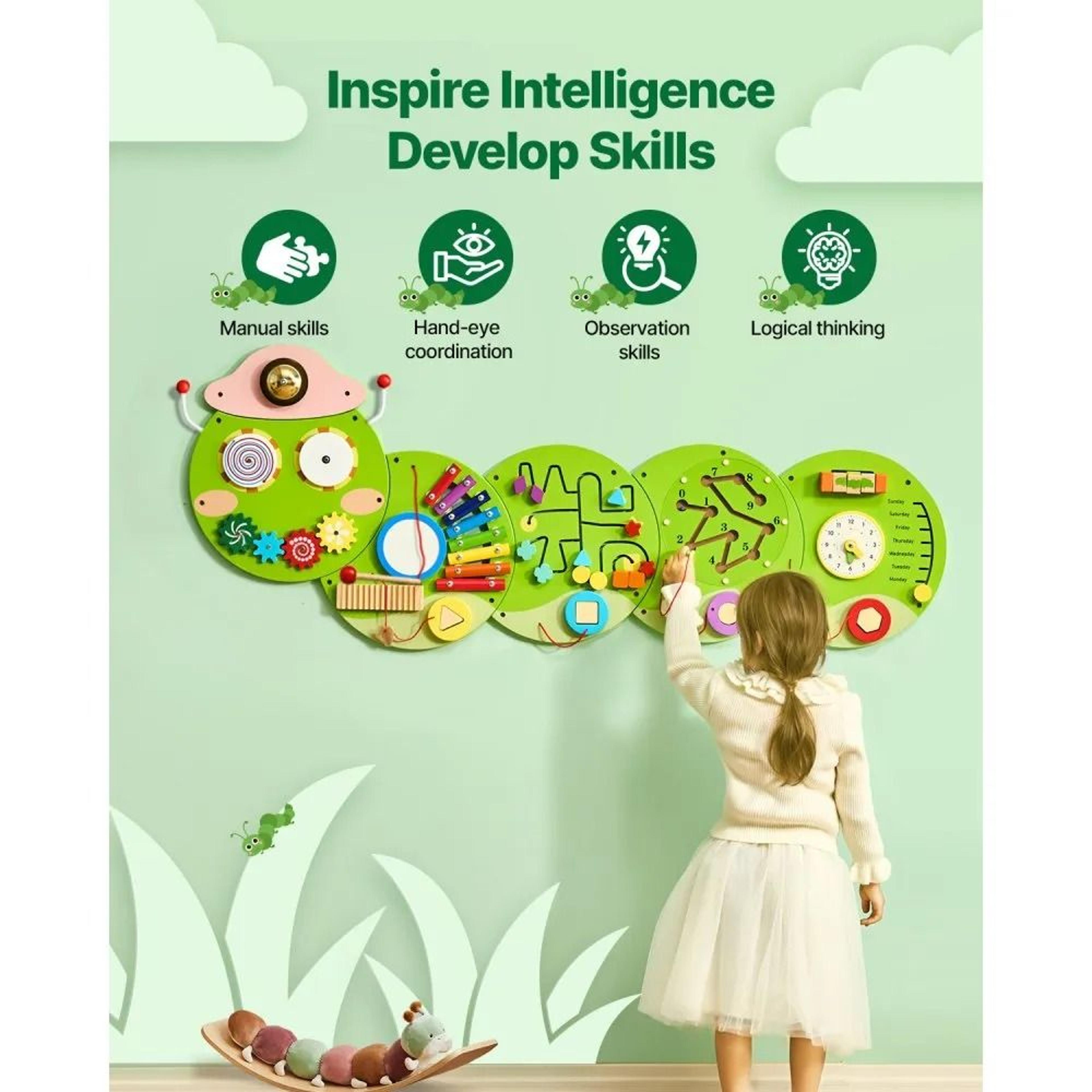 Caterpillar Montessori Wall Busy Board With 12 Sensory Activities For Kids 3