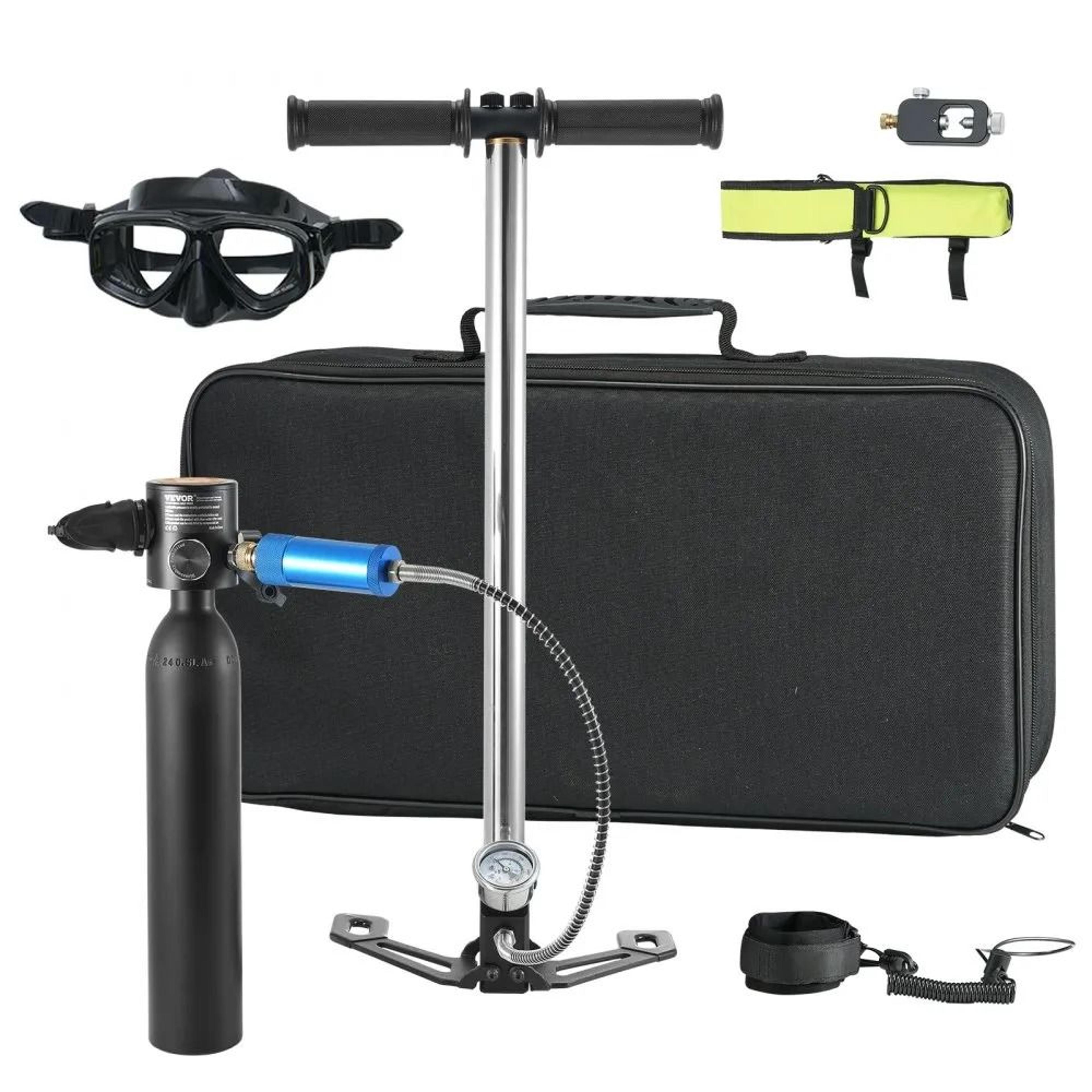portable 0.5l scuba diving tank kit with manual pump and full view mask