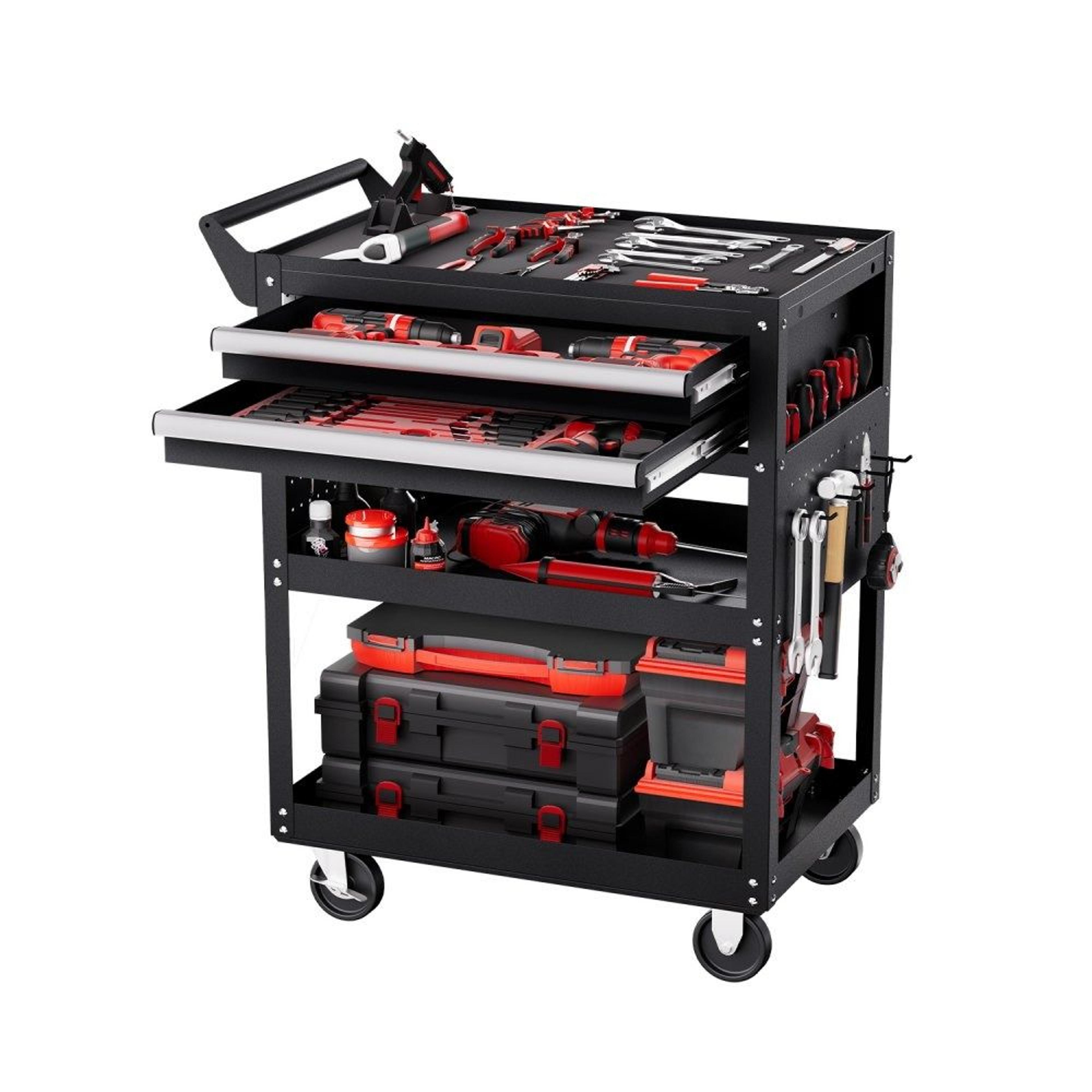 5-tier rolling tool cart with 2 locking drawers and pegboard 400 lb capacity