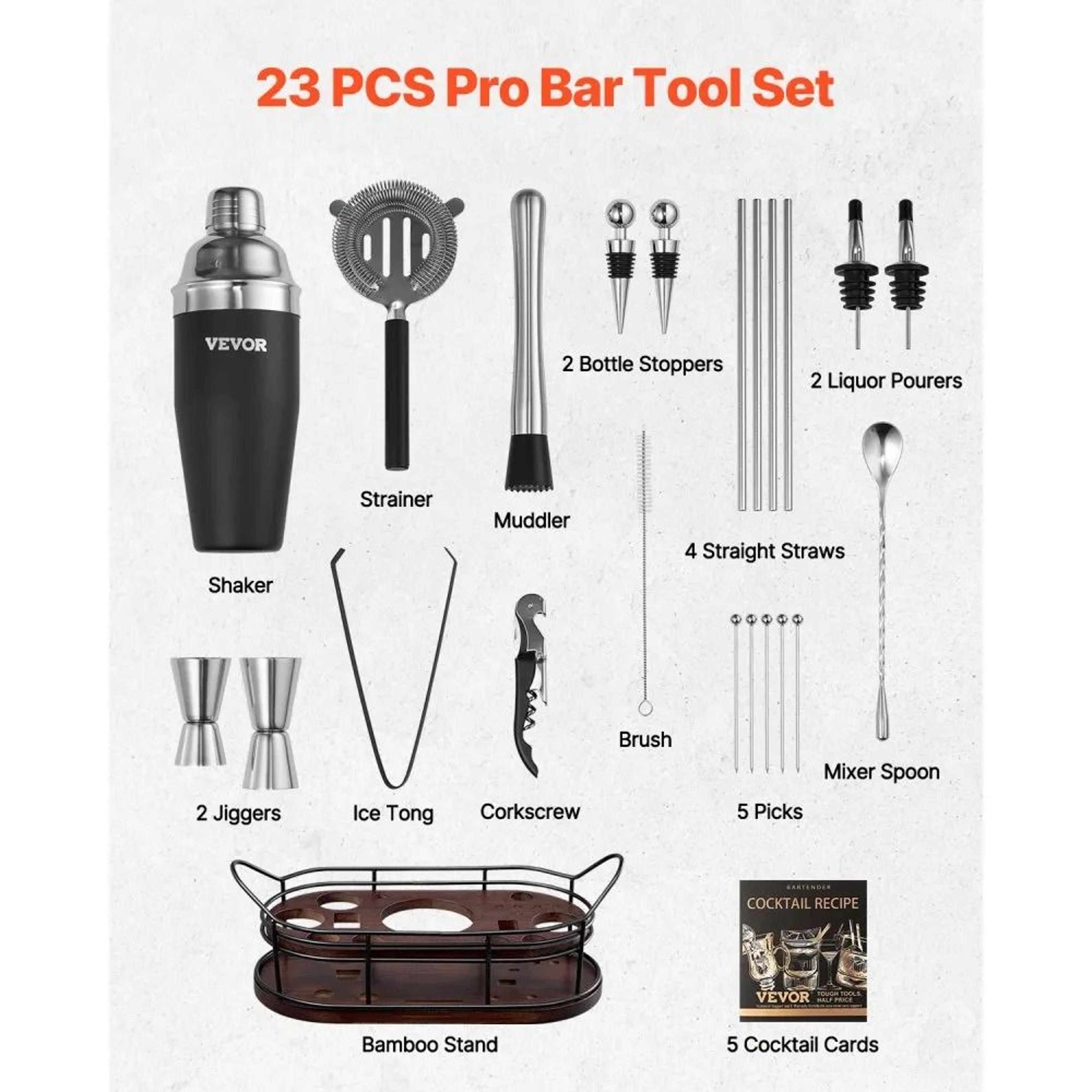 23Piece Stainless Steel Cocktail Shaker Set With Bamboo Stand And Bar Tools 5