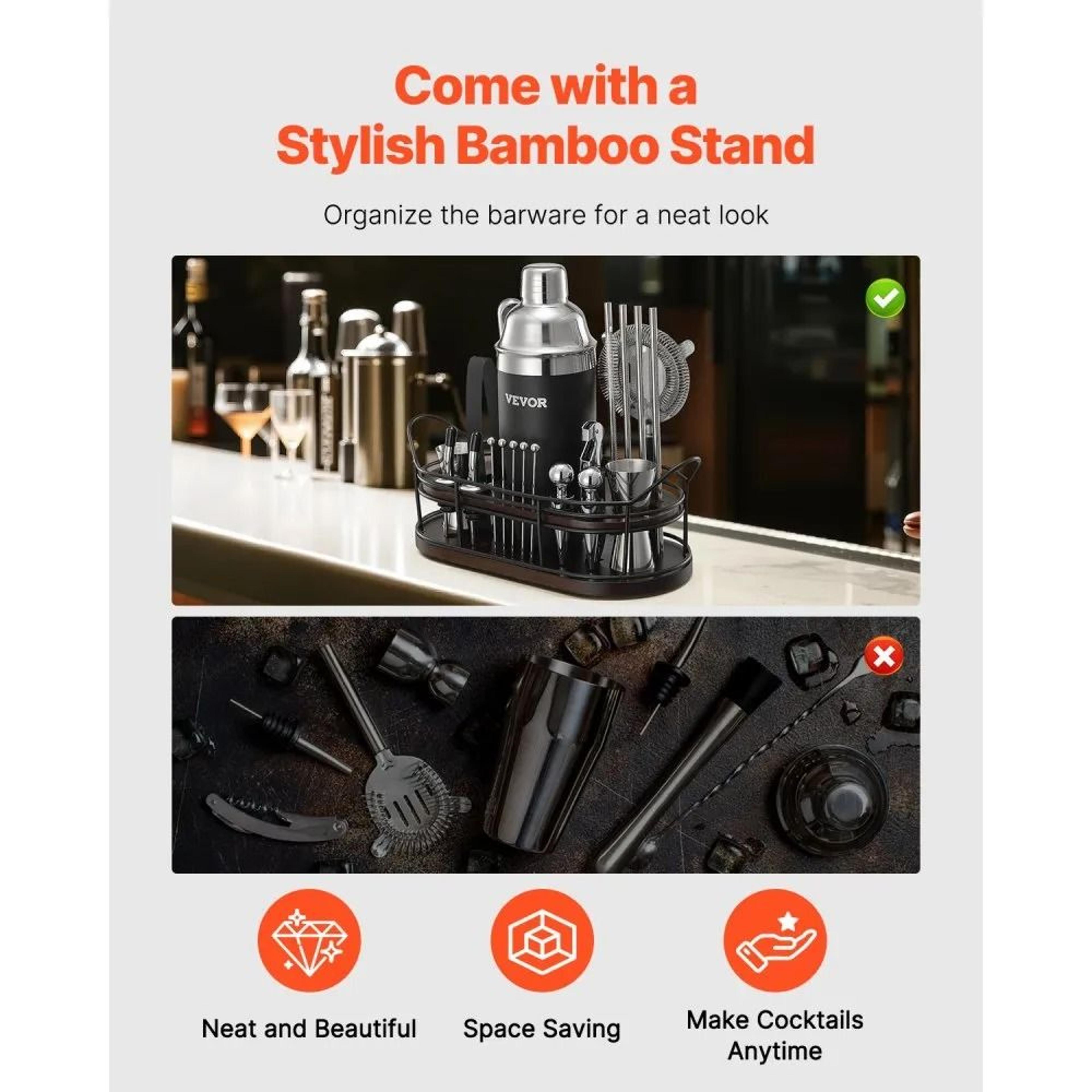 23Piece Stainless Steel Cocktail Shaker Set With Bamboo Stand And Bar Tools 2