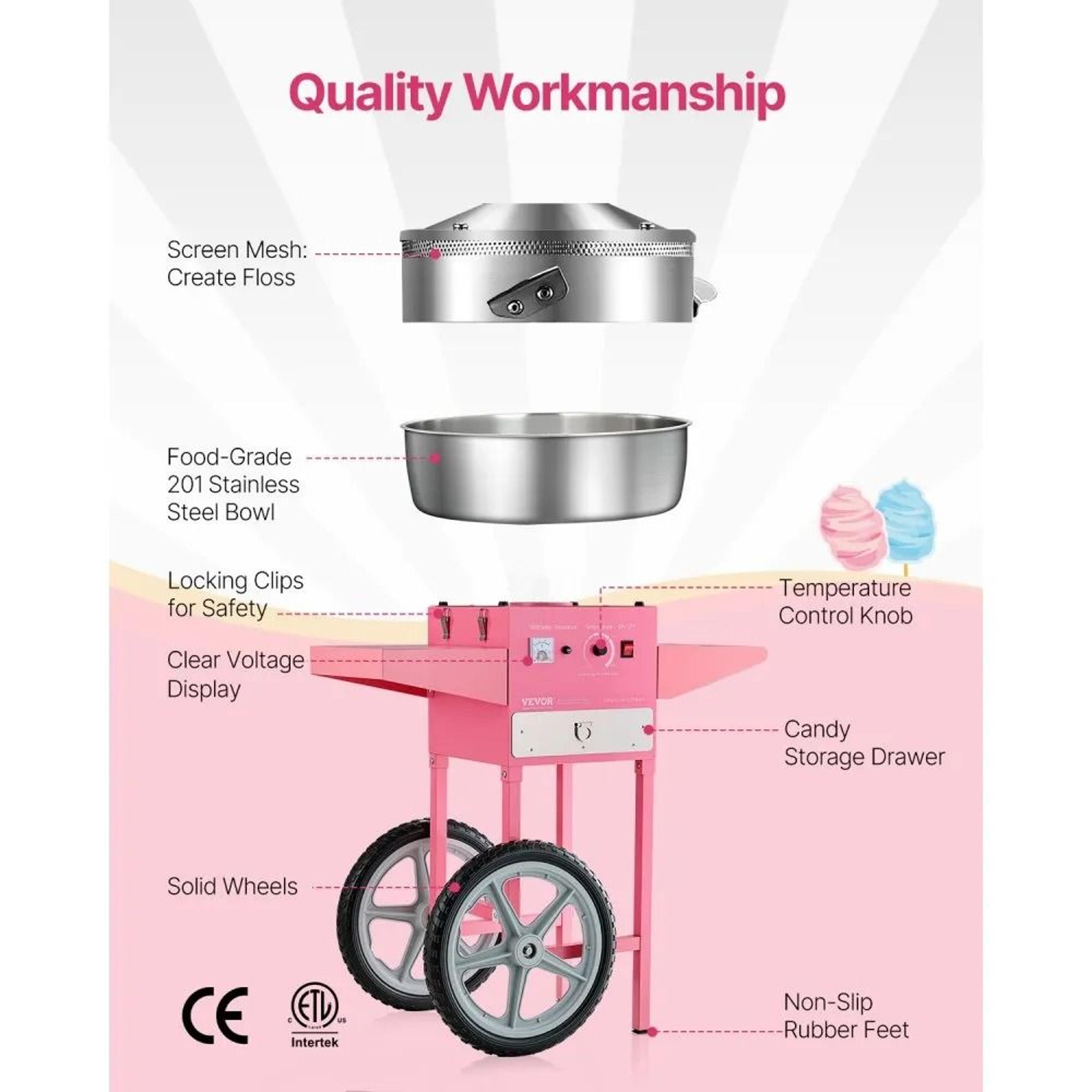 Electric Cotton Candy Machine With Cart 1000W Commercial Candy Floss Maker Pink 3