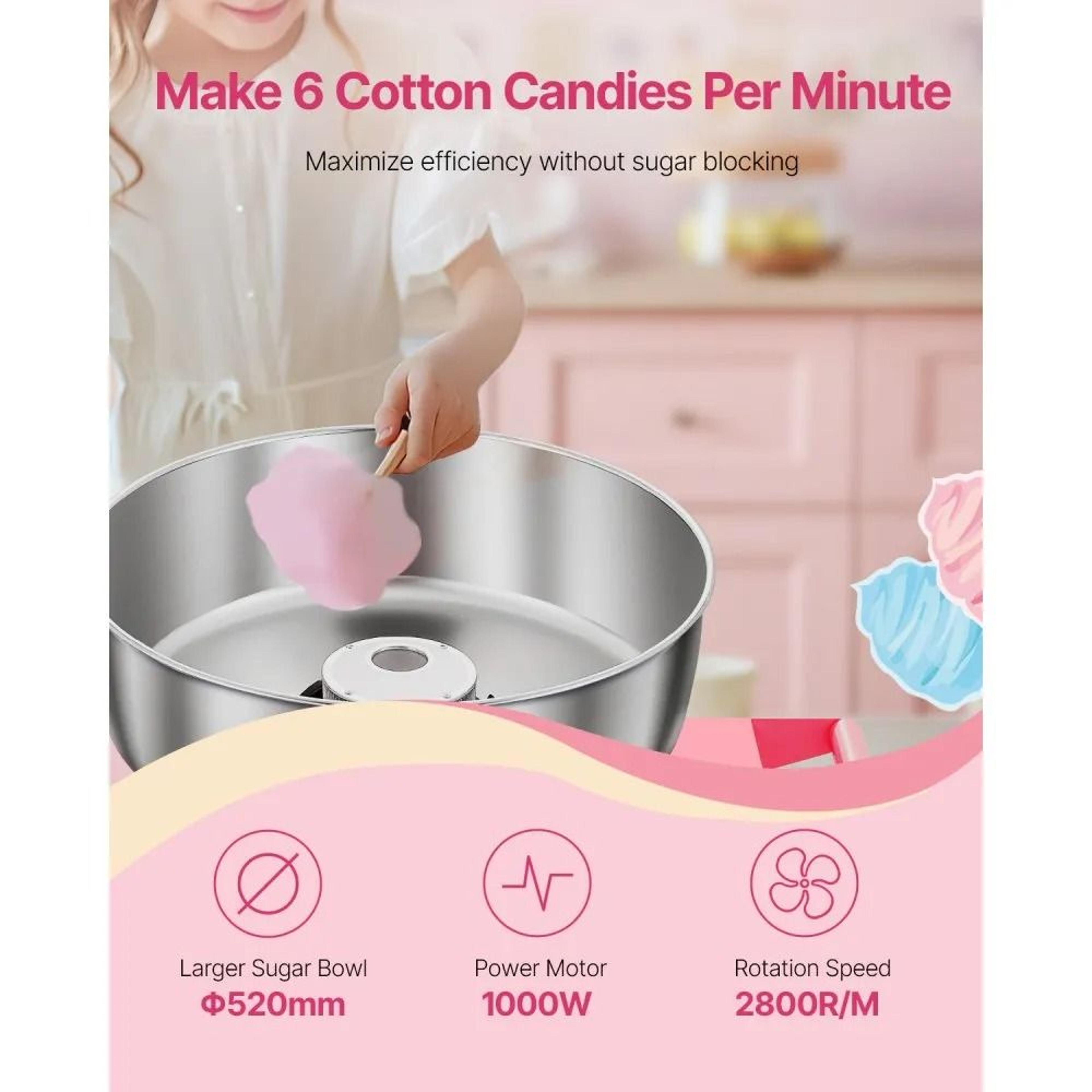 Electric Cotton Candy Machine With Cart 1000W Commercial Candy Floss Maker Pink 1