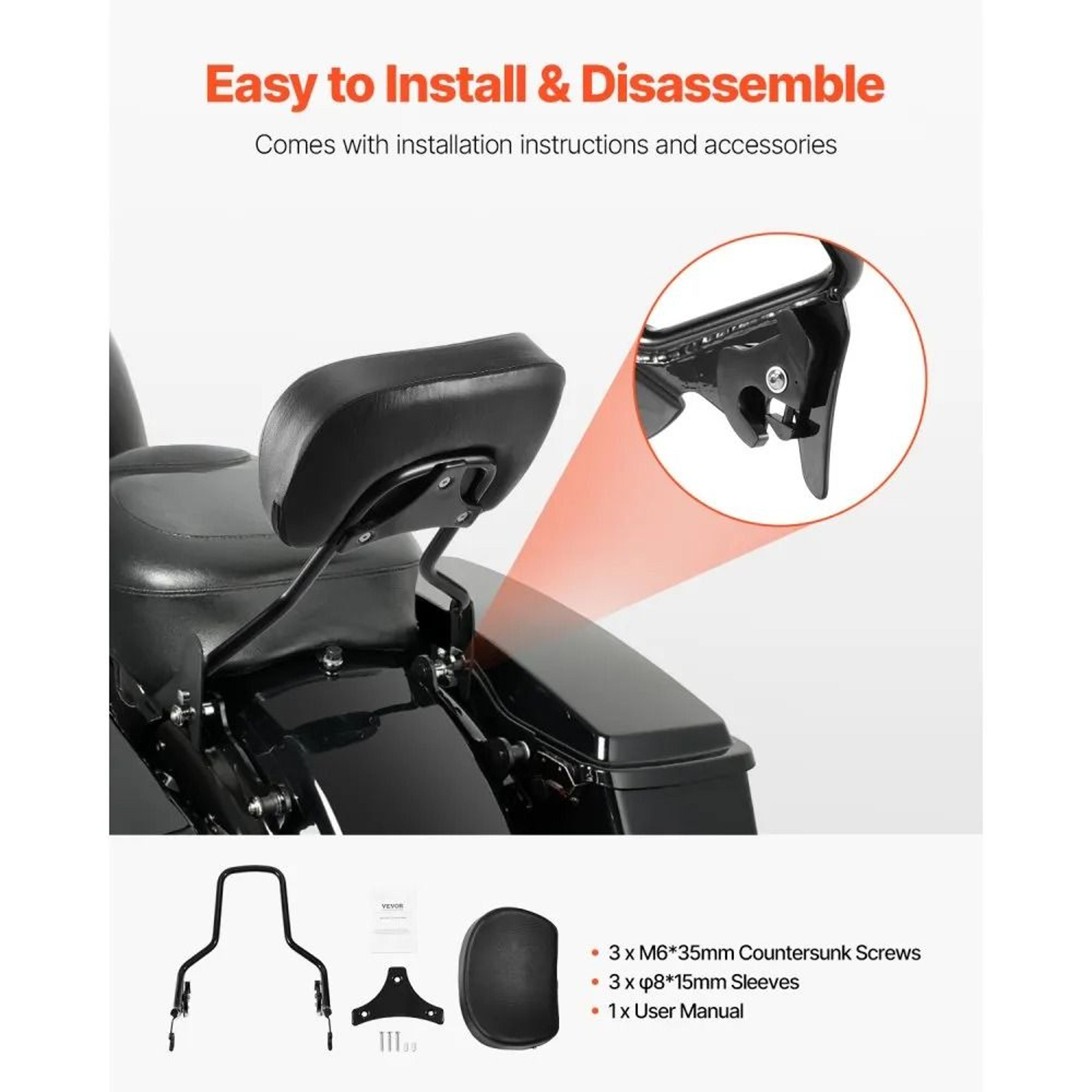 Detachable Motorcycle Passenger Backrest For HarleyDavidson Touring 16Inch Black 1