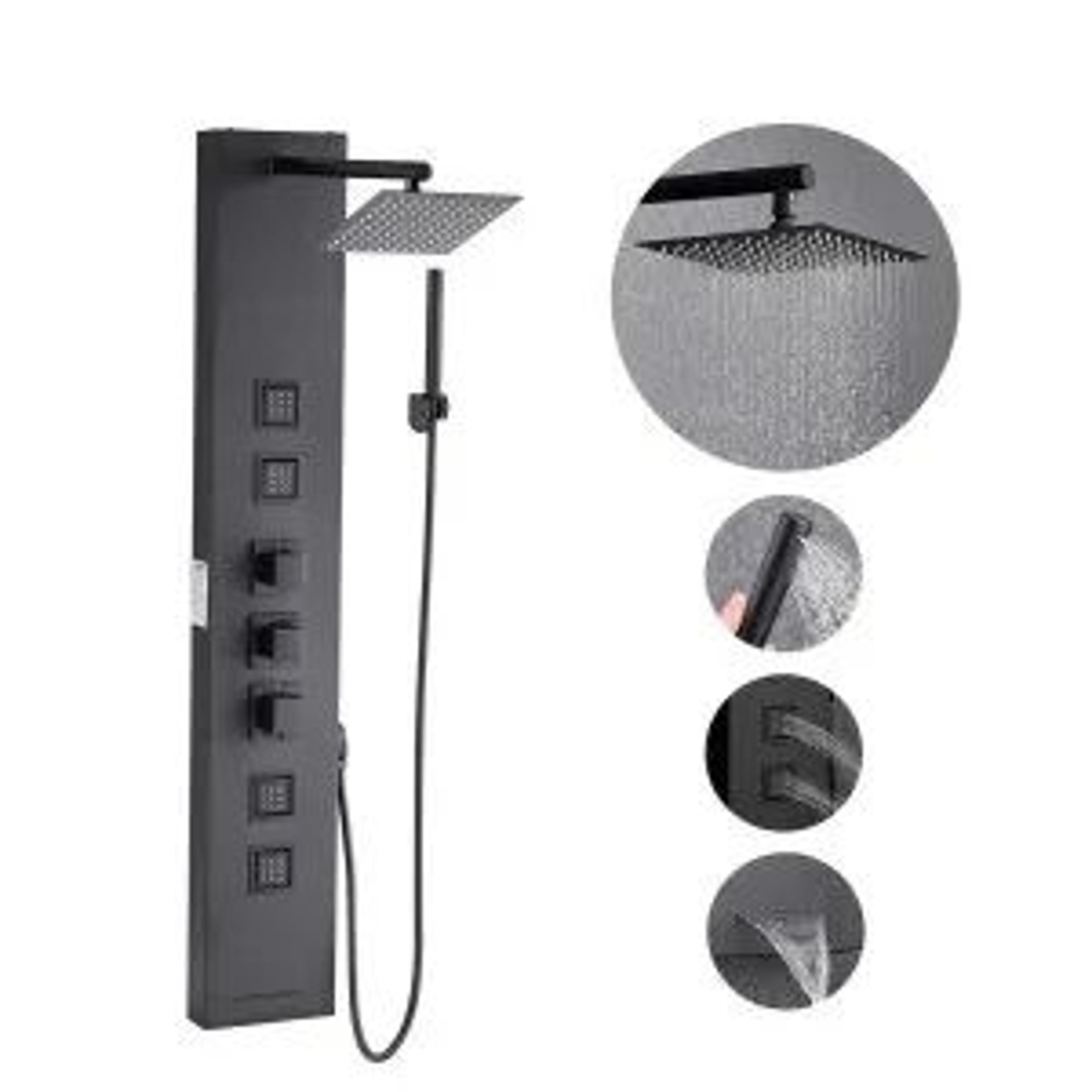 4-function shower panel tower system with rainfall head and body massage jets