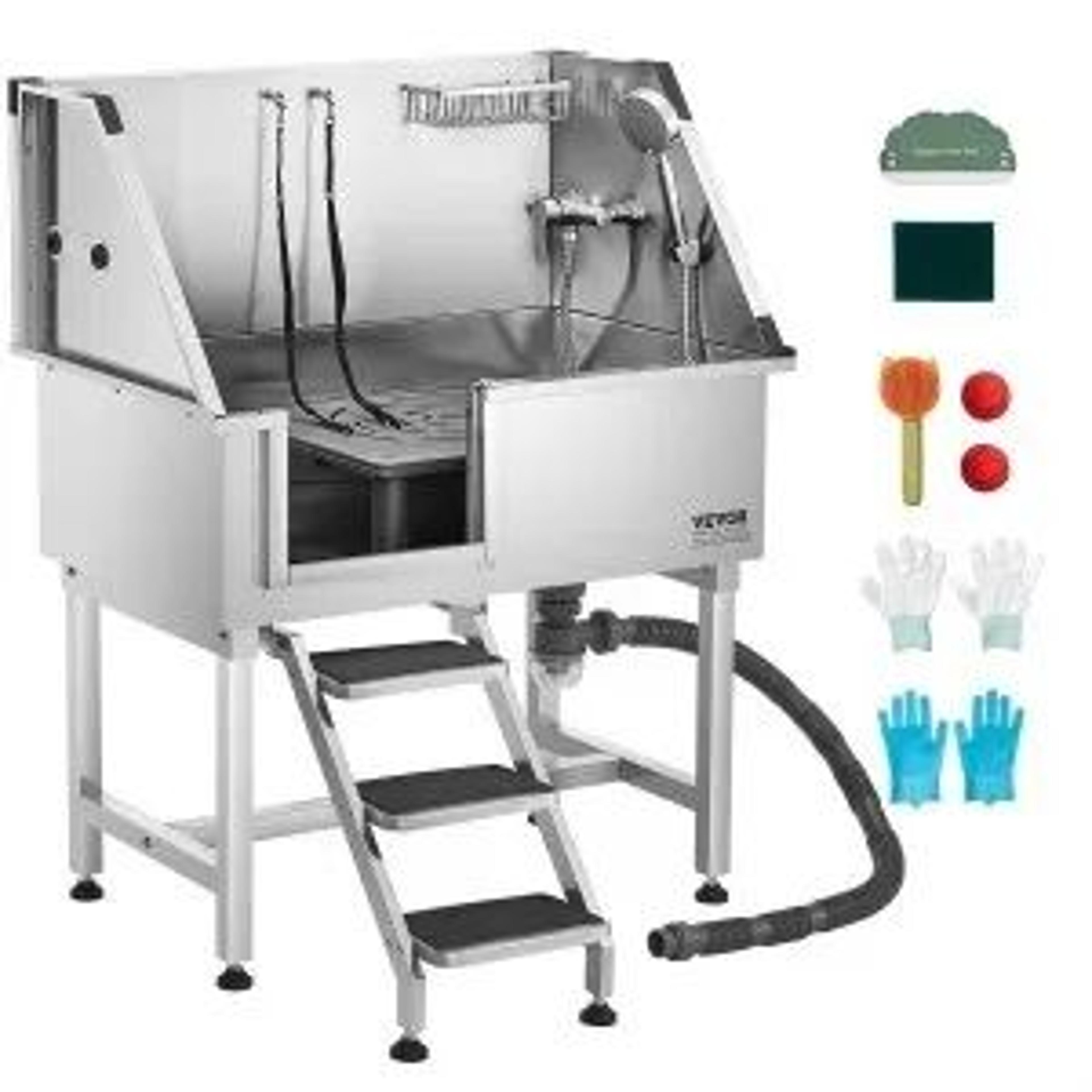 38-inch stainless steel dog washing station with hot and cold faucet and non-slip stairs