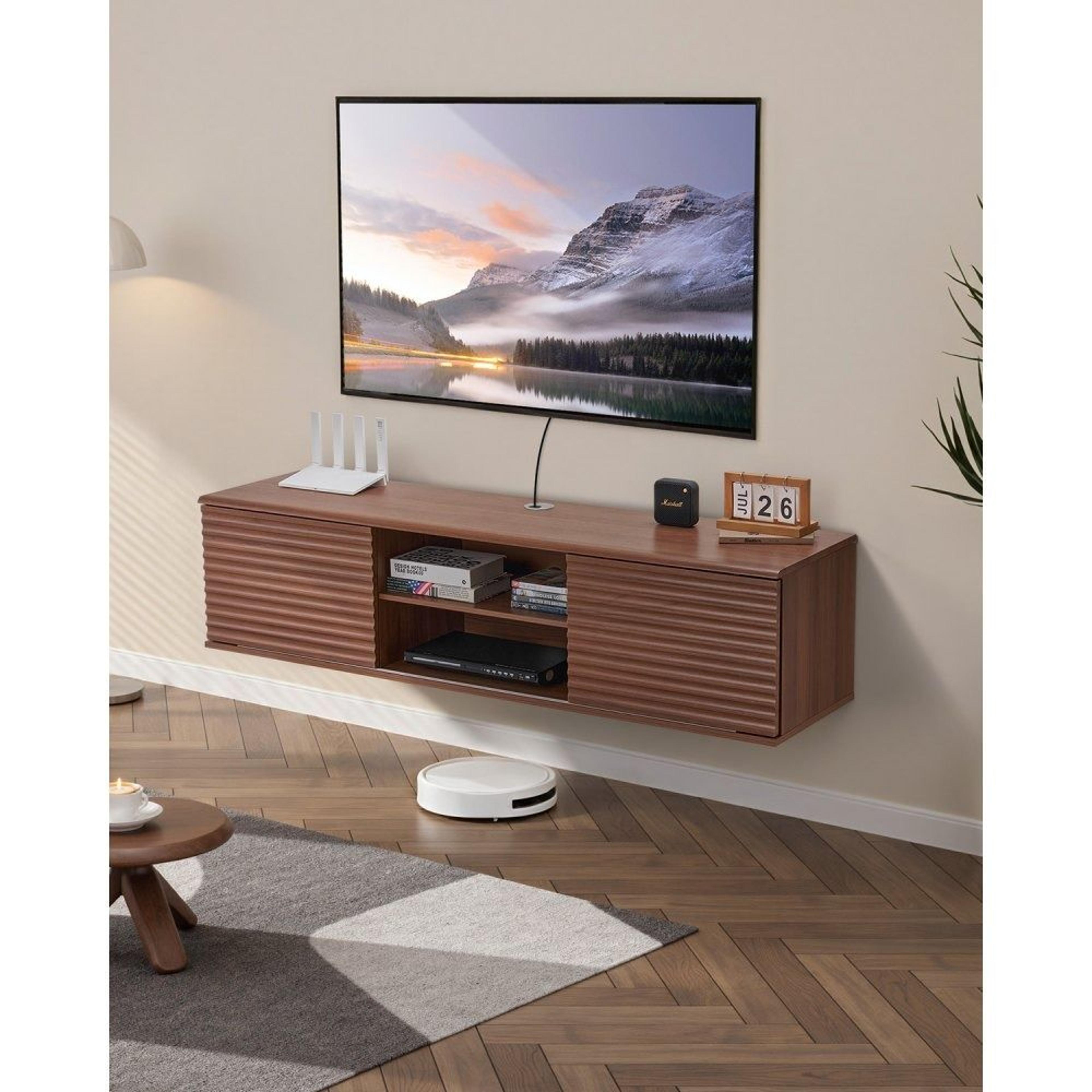 60-inch floating tv stand with sliding doors and adjustable shelves in walnut