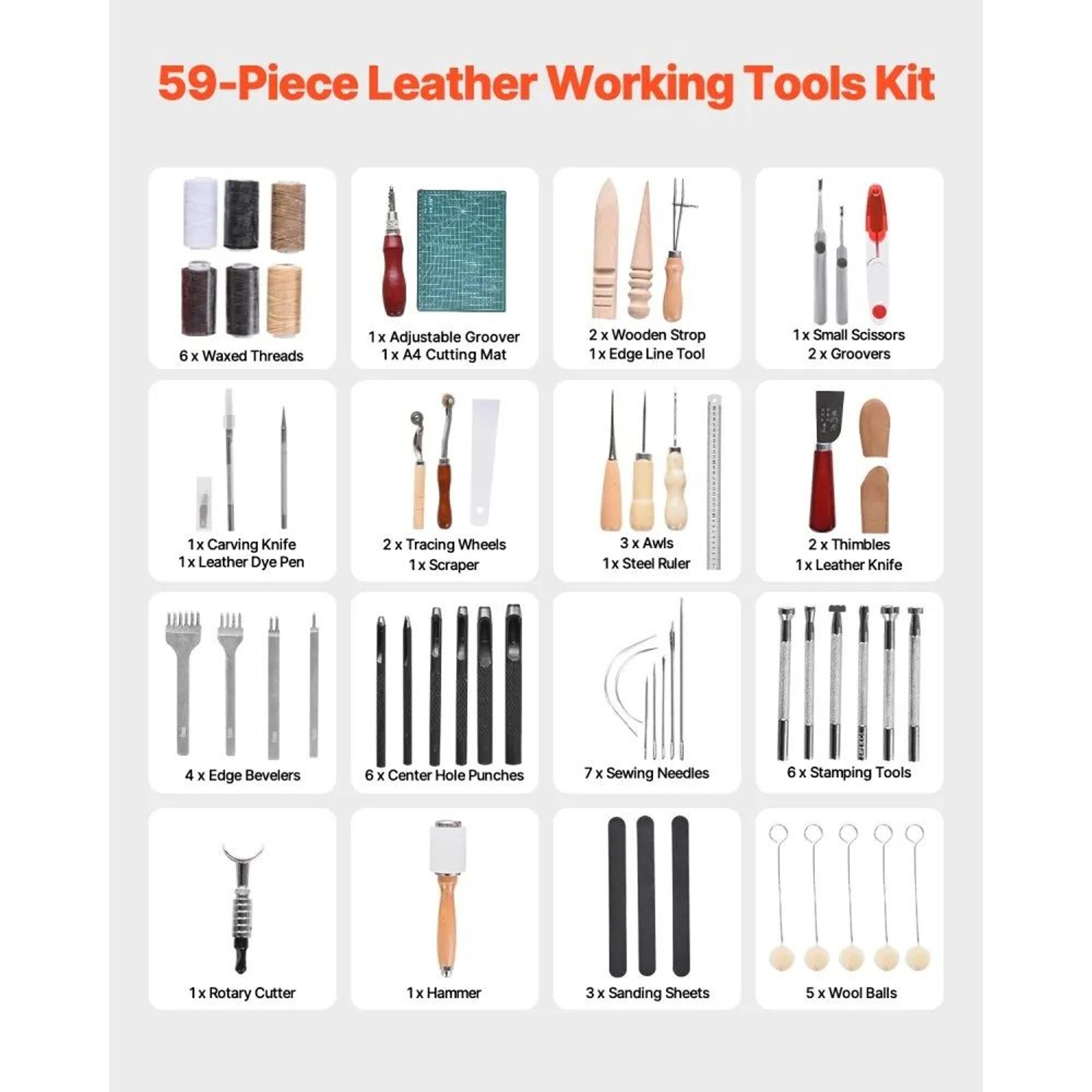 59Piece Leather Working Tools Kit With Engraving Sewing Punching Tools And Canvas Bag 3