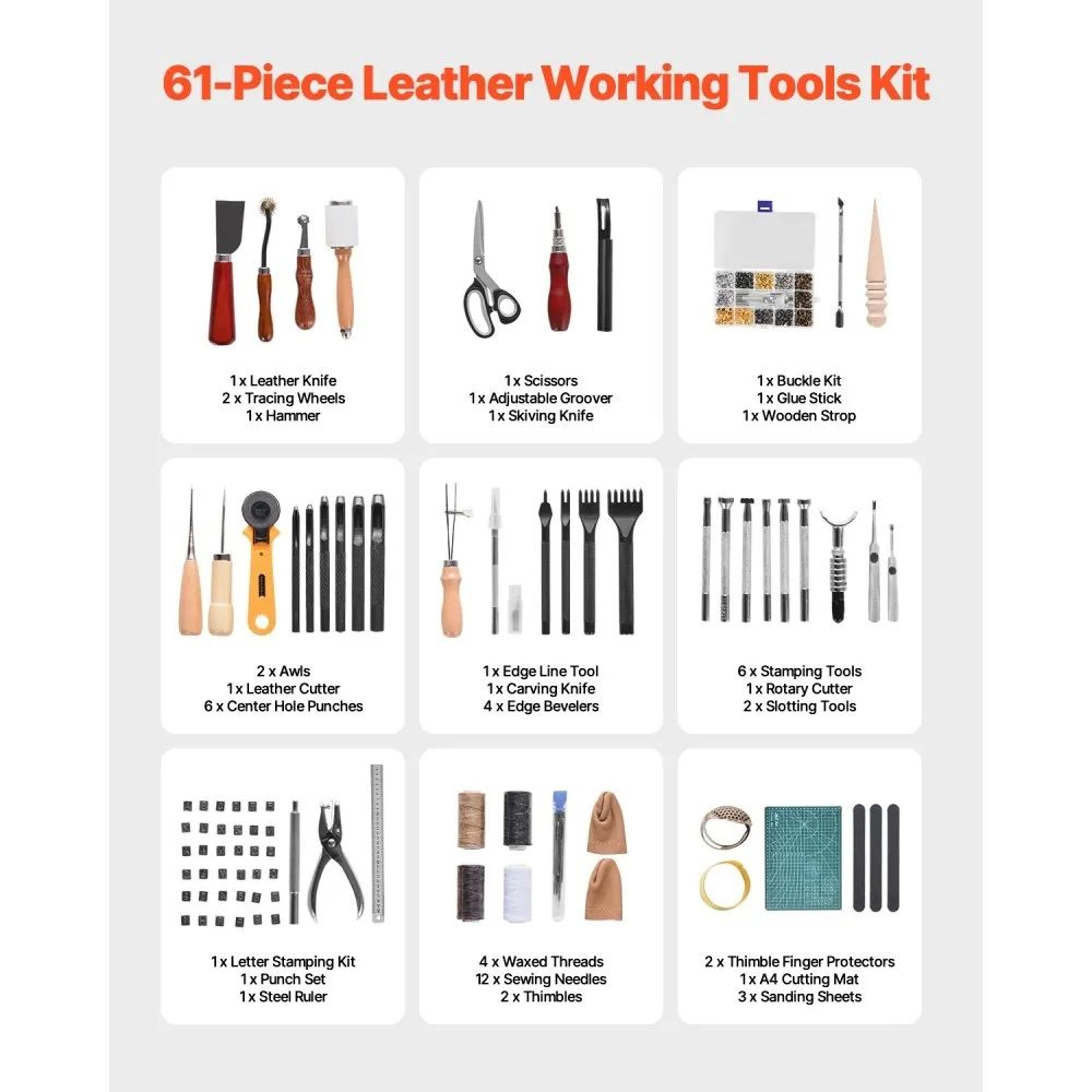61Piece Leather Working Tools Kit With Canvas Storage Bag For DIY Leather Crafts 6