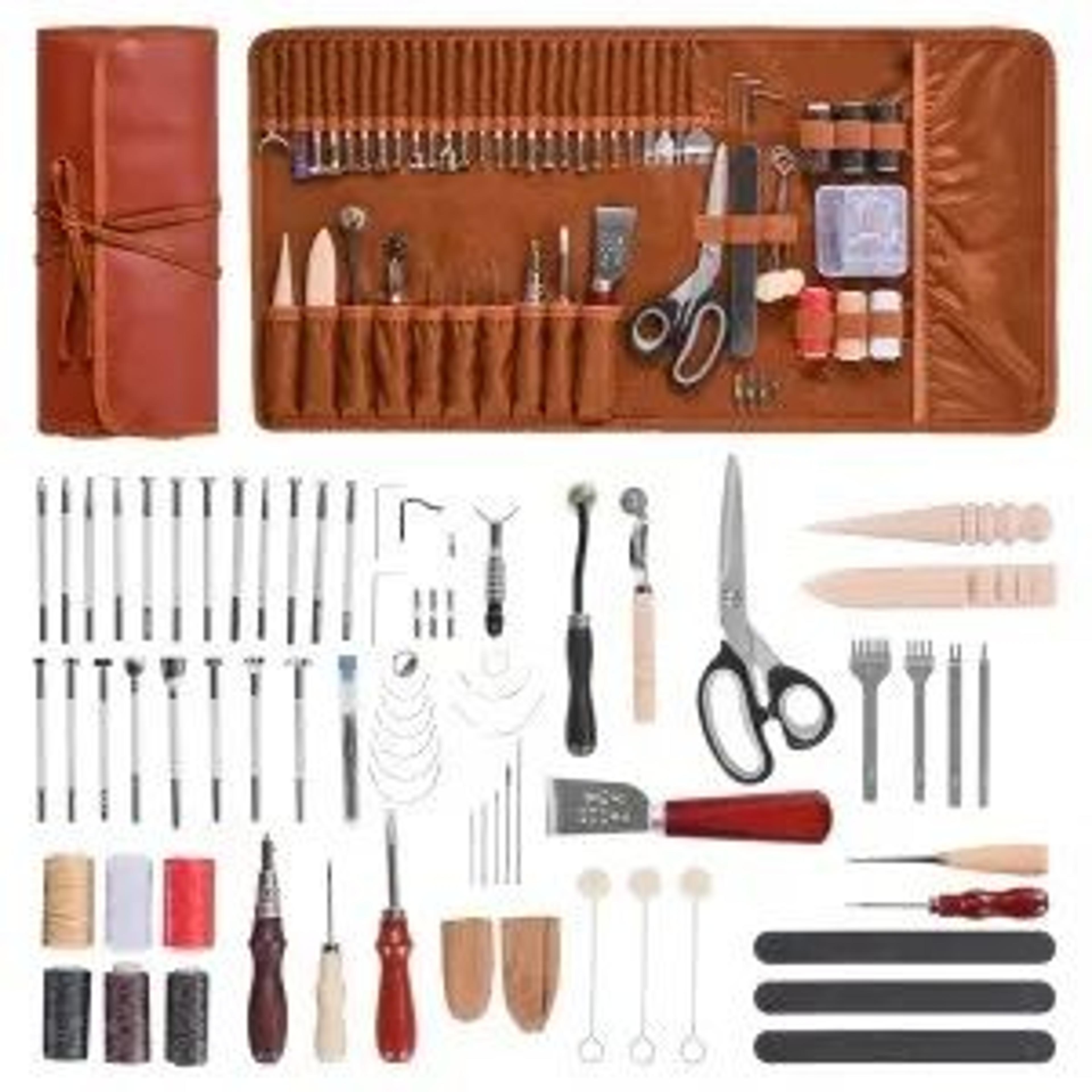 72Piece Leather Working Tools Kit With Leather Storage Bag For DIY Crafting 7