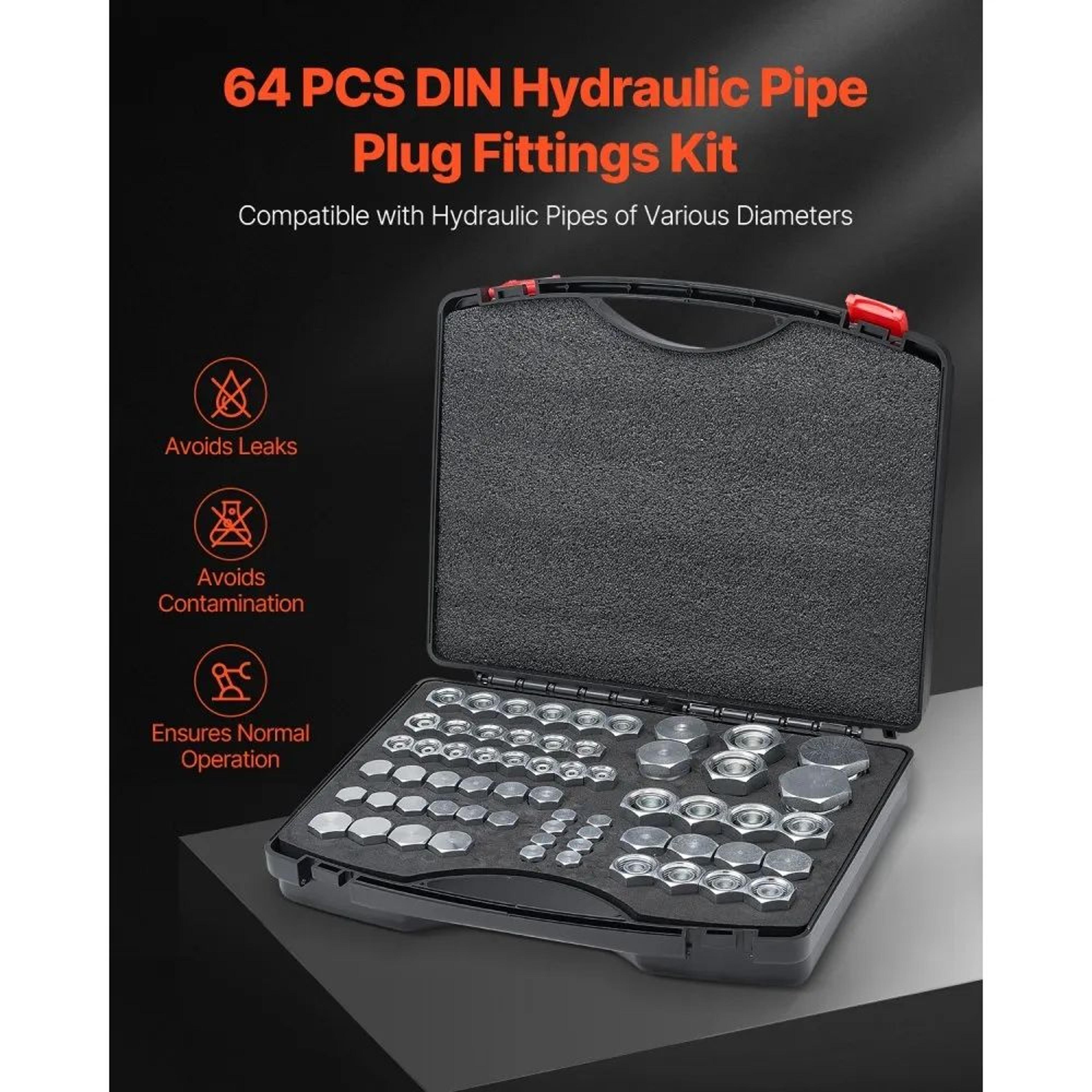 64Piece DIN Hydraulic Fittings Cap And Plug Kit With Precision Threading 1