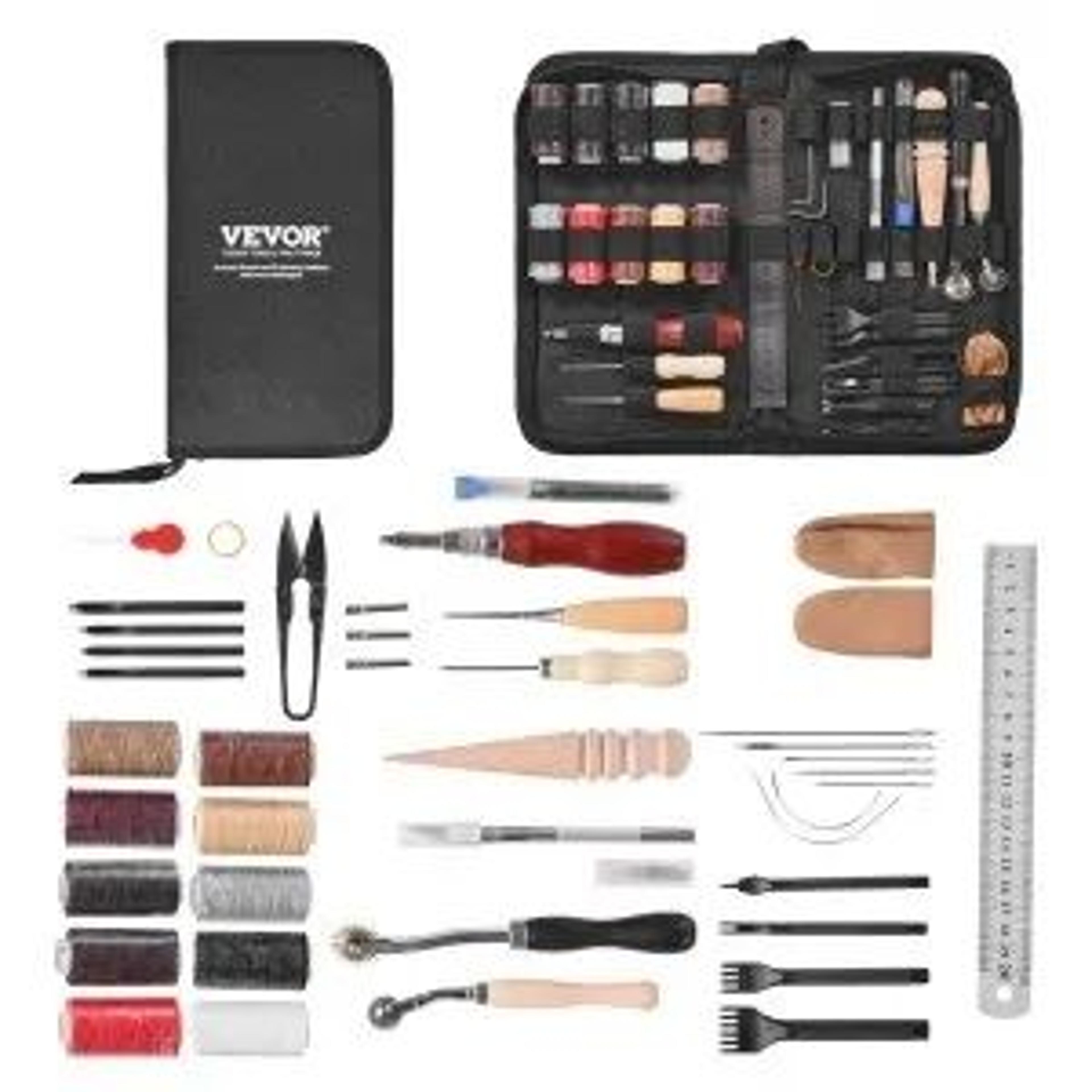 38-piece leather working tools kit with canvas storage bag for diy crafting