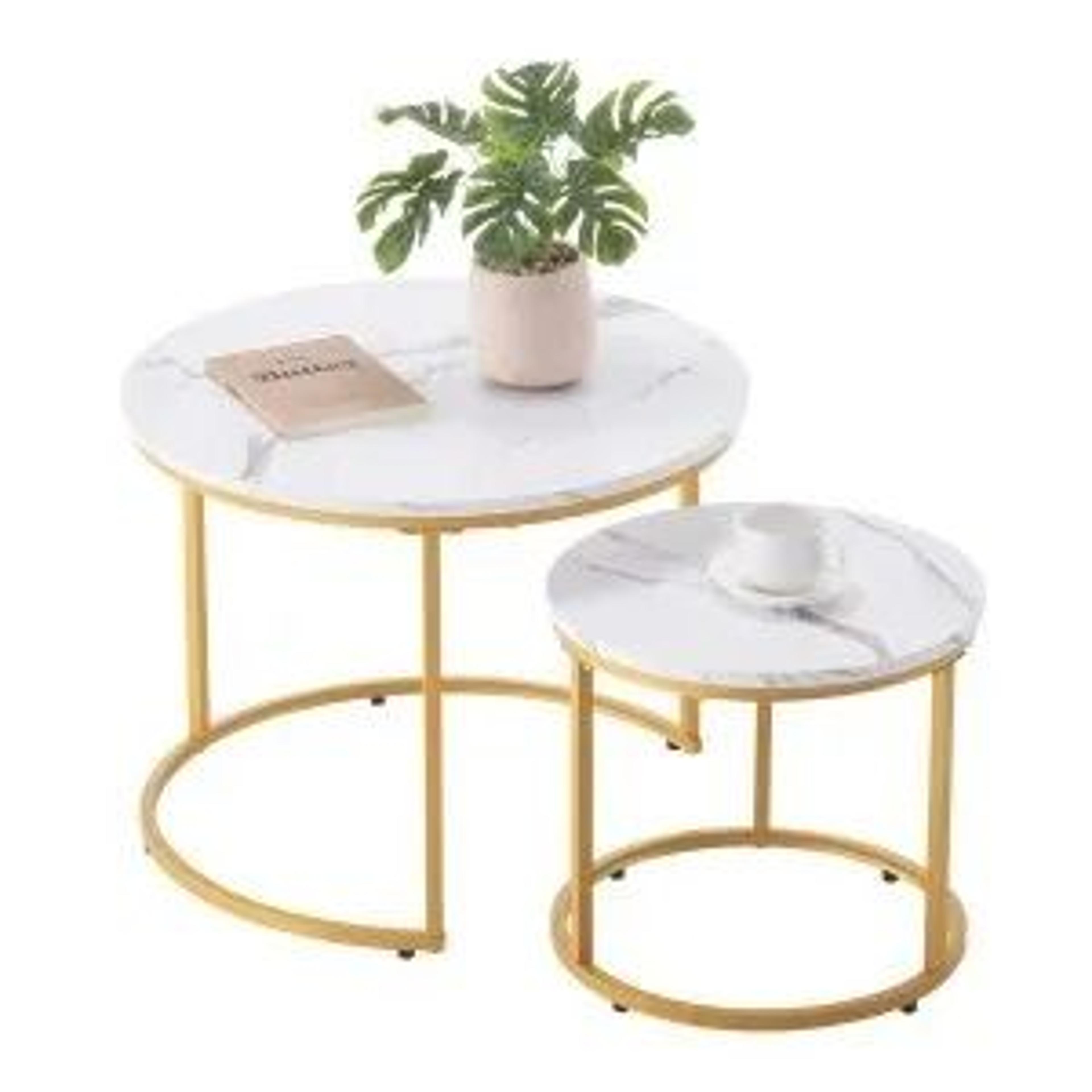 round nesting coffee table set of 2 with white marble-pattern tops and gold metal frames