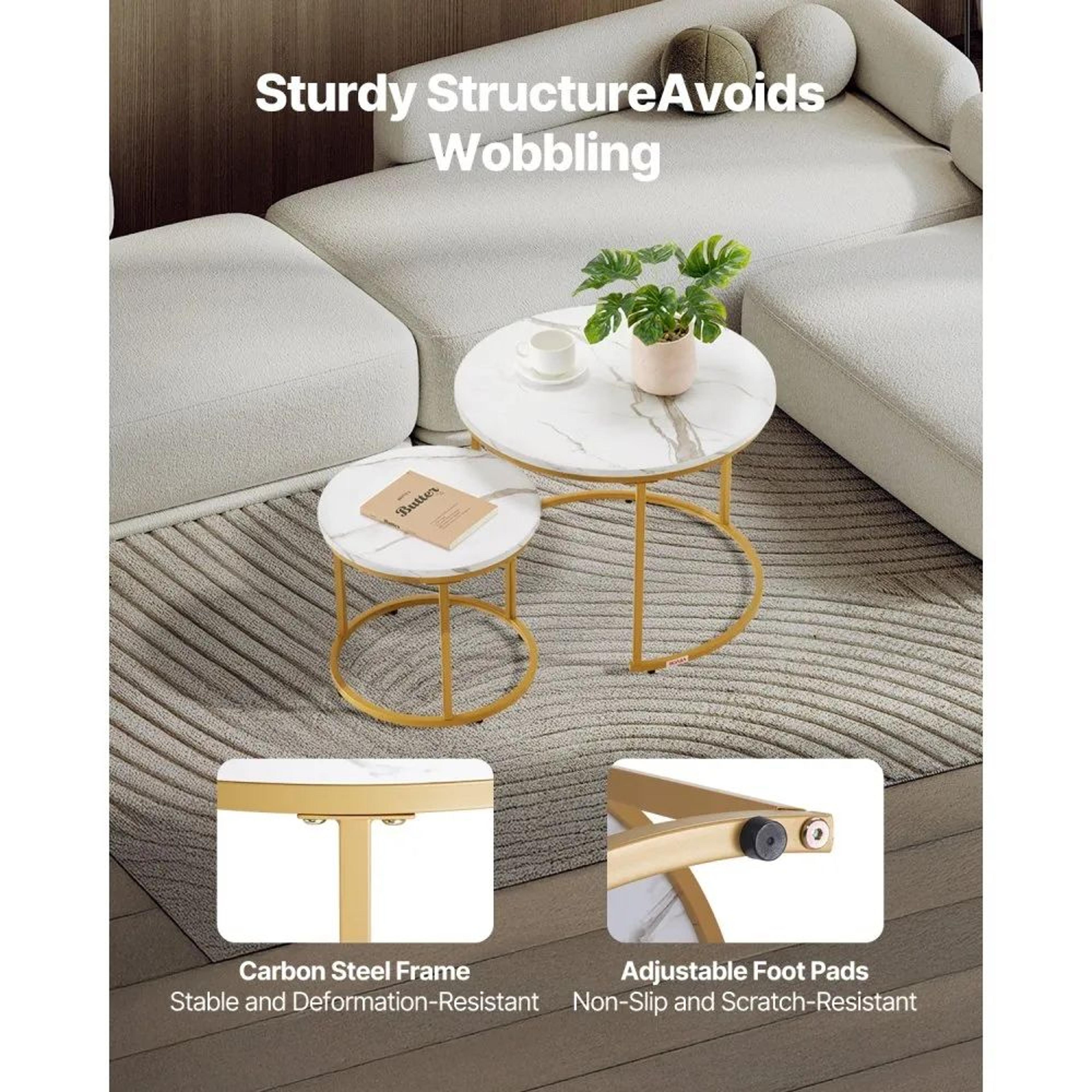 Round Nesting Coffee Table Set Of 2 With White MarblePattern Tops And Gold Metal Frames 2