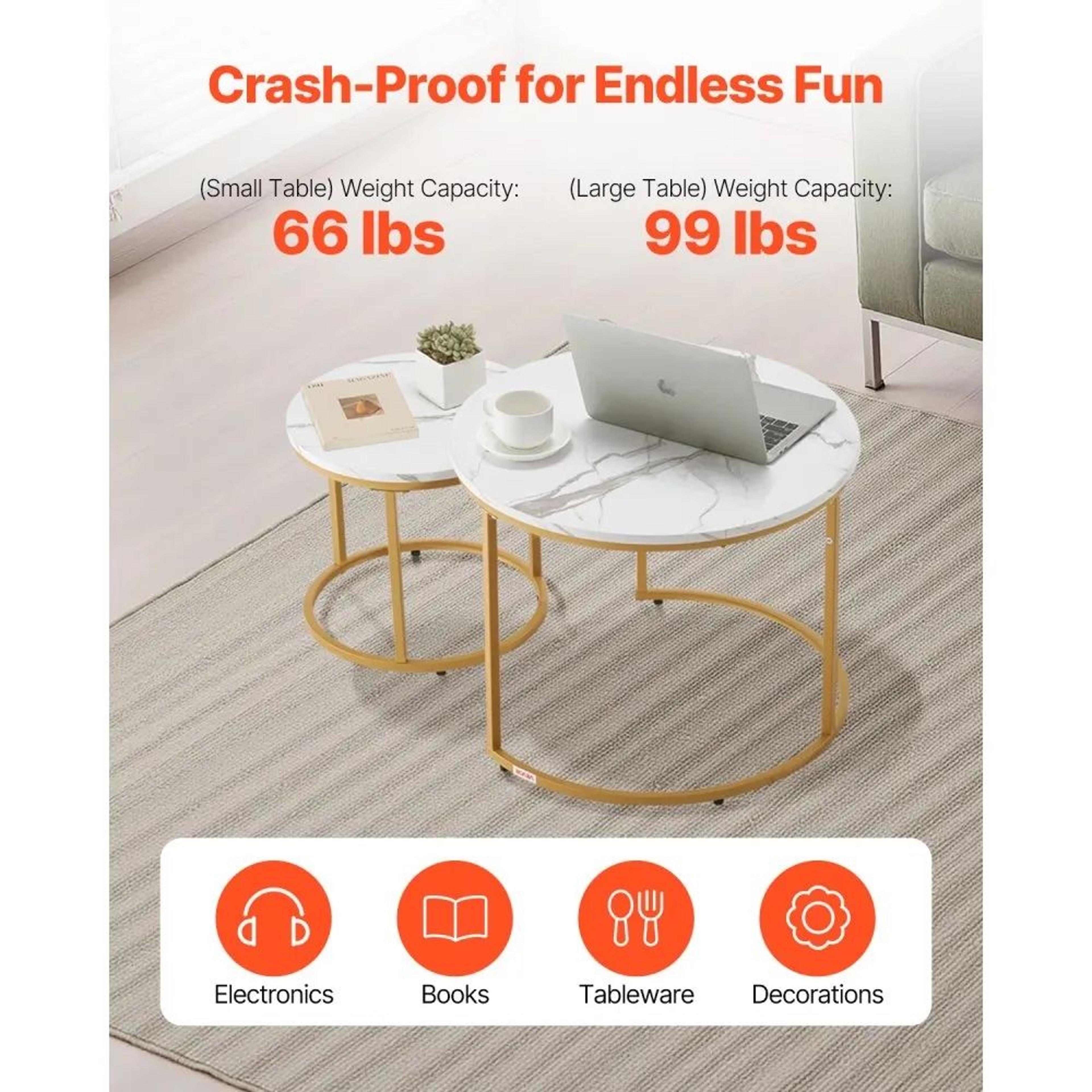 Round Nesting Coffee Table Set Of 2 With White MarblePattern Tops And Gold Metal Frames 1