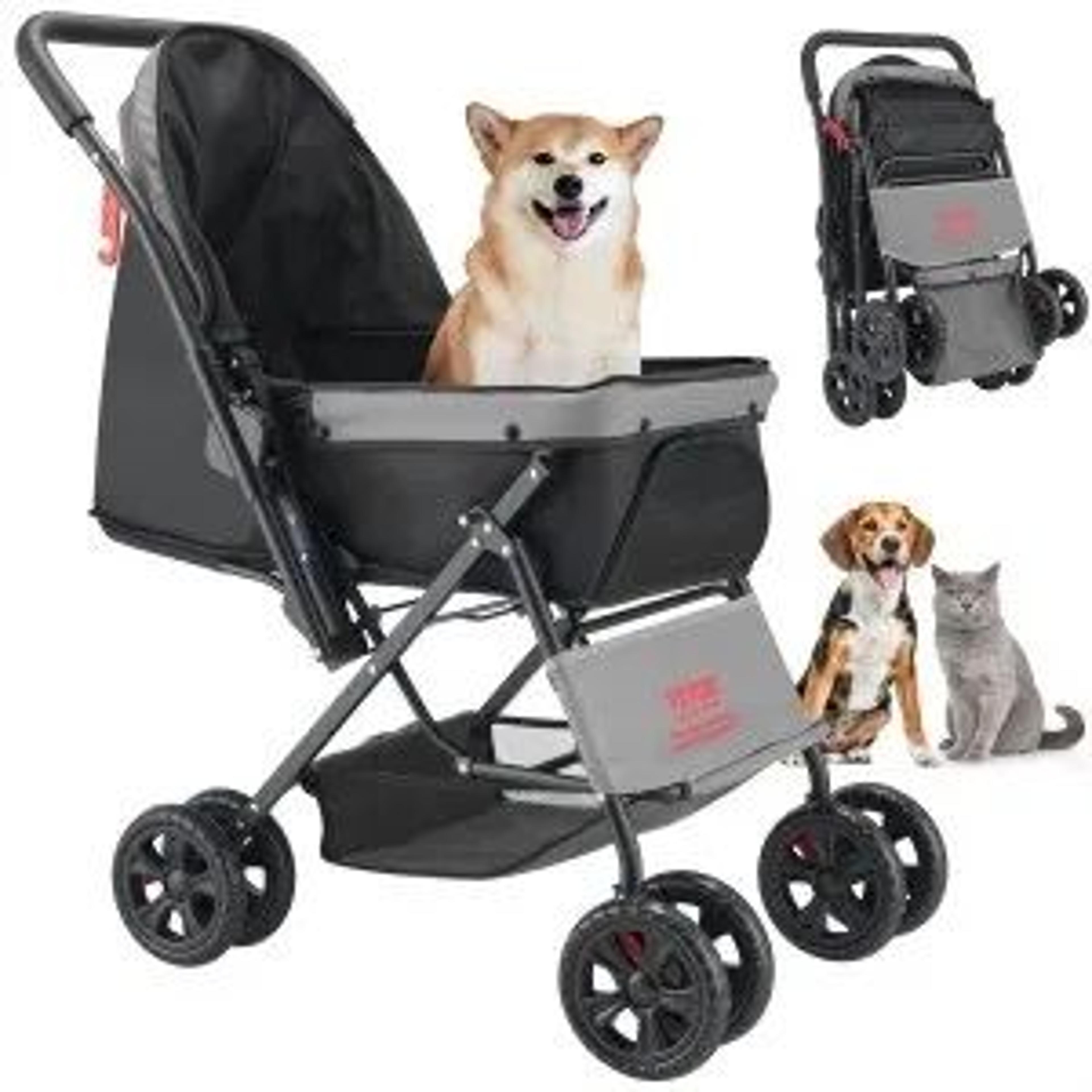 foldable pet stroller with reversible handle and mesh windows for dogs and cats
