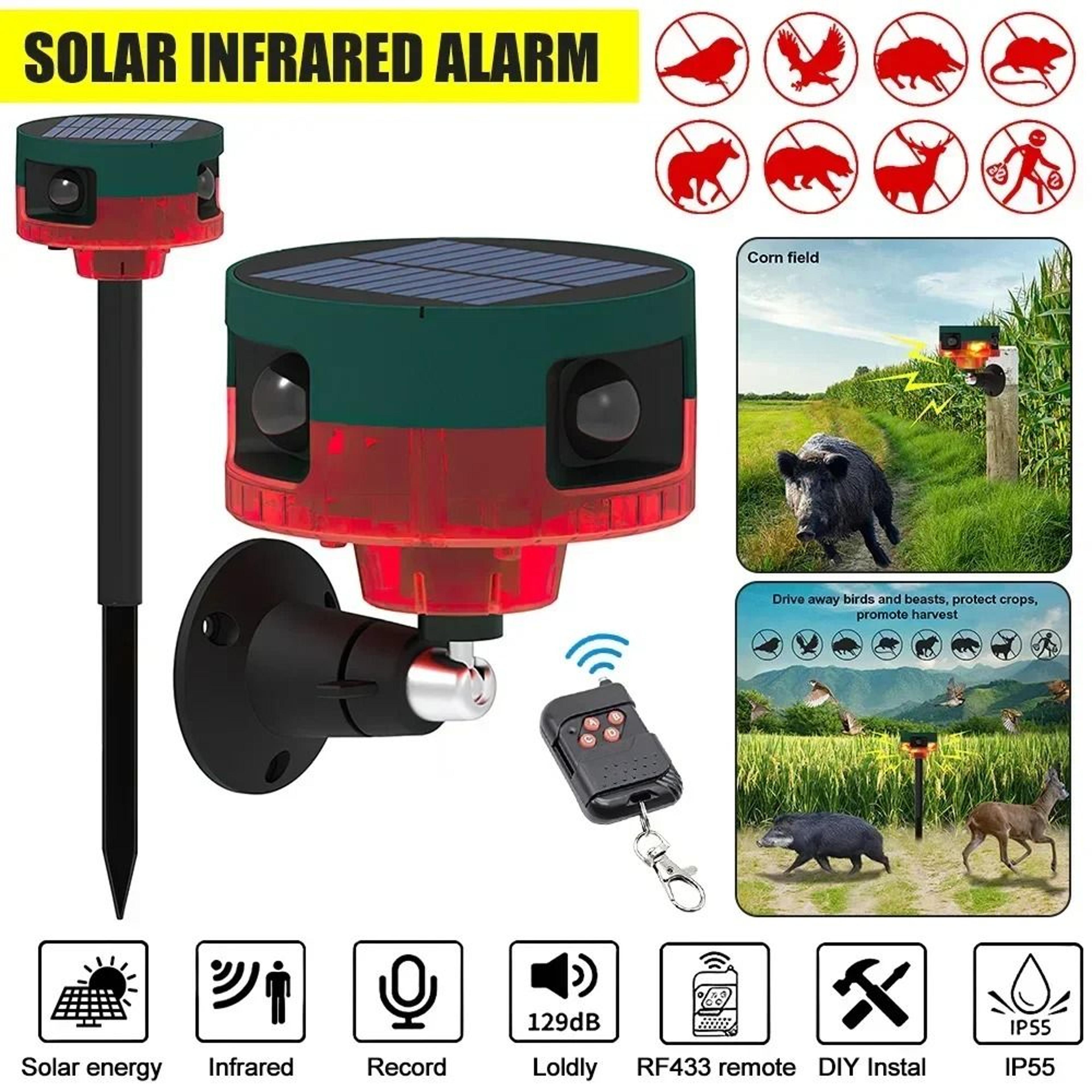 solar powered motion sensor alarm for outdoor security and animal deterrence