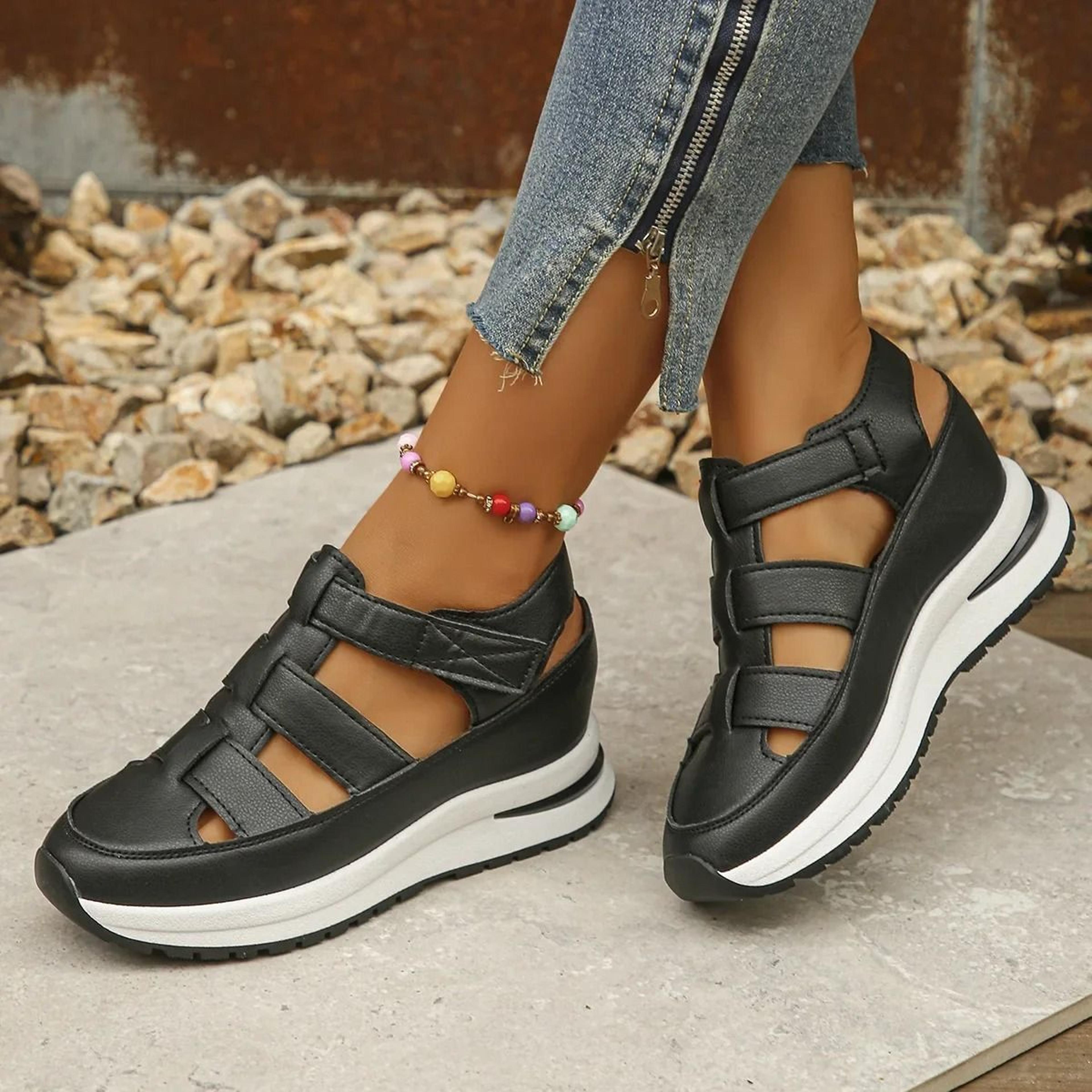 elegant closed toe wedge sandals with buckle strap