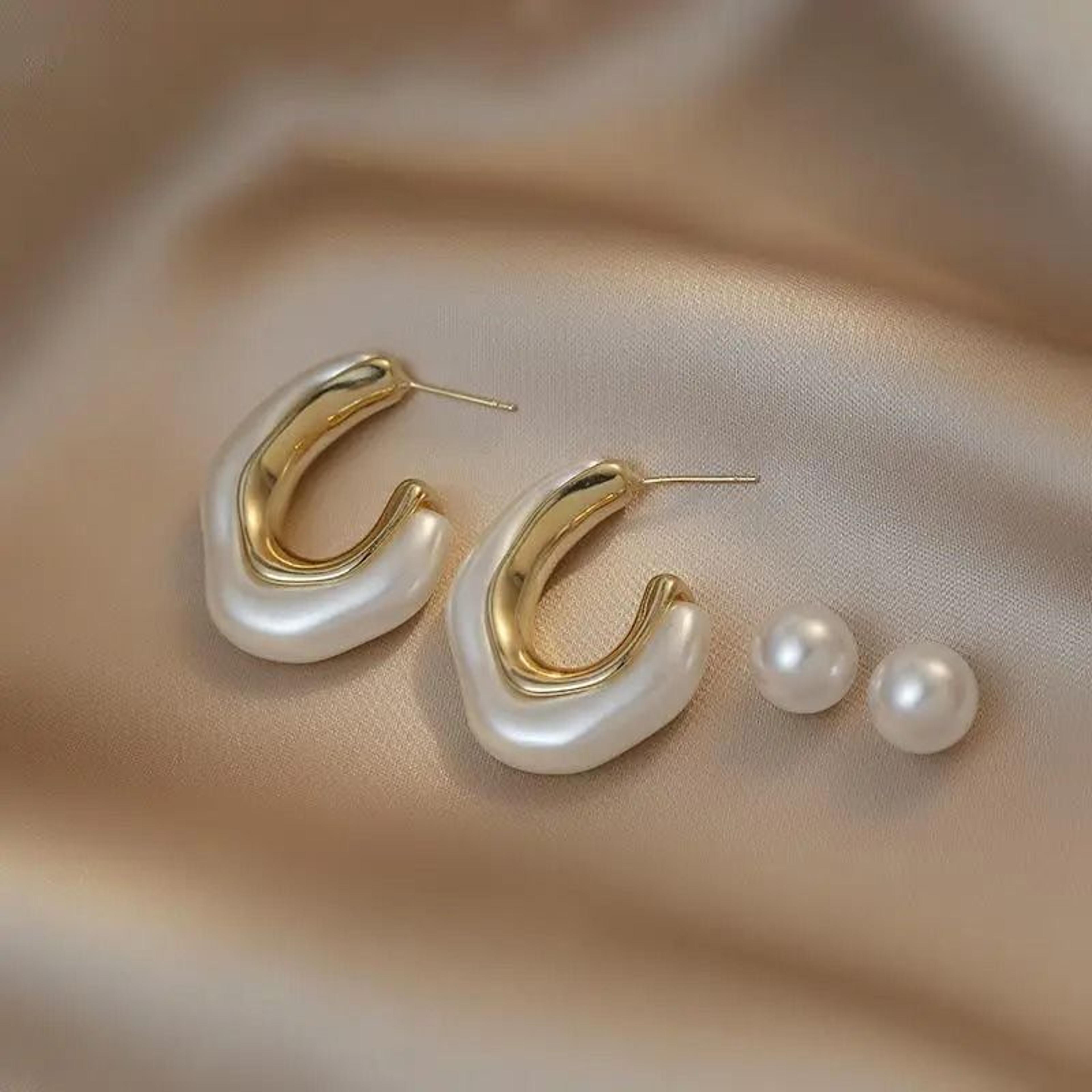 Elegant Metal Pearl Hoop Earrings 3