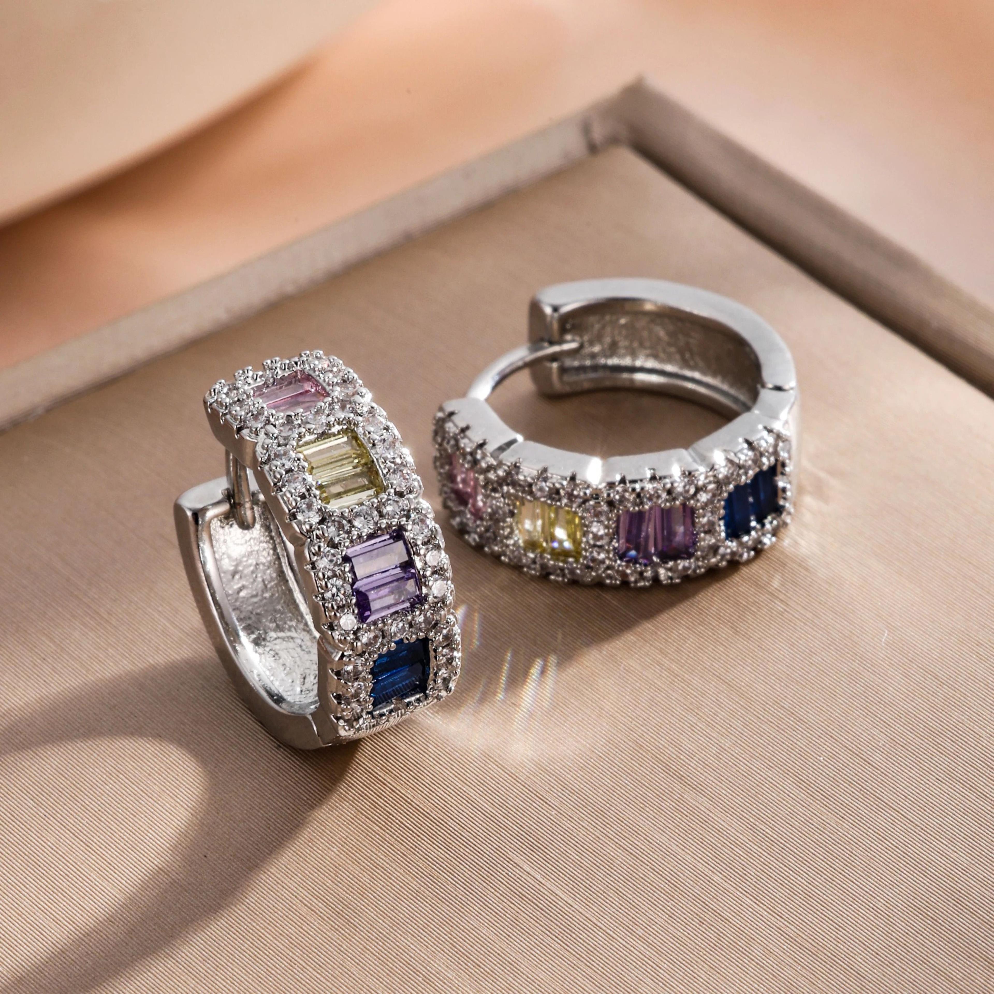 Korean Style Hoop Earrings With Square Crystal Inlay For Women 10