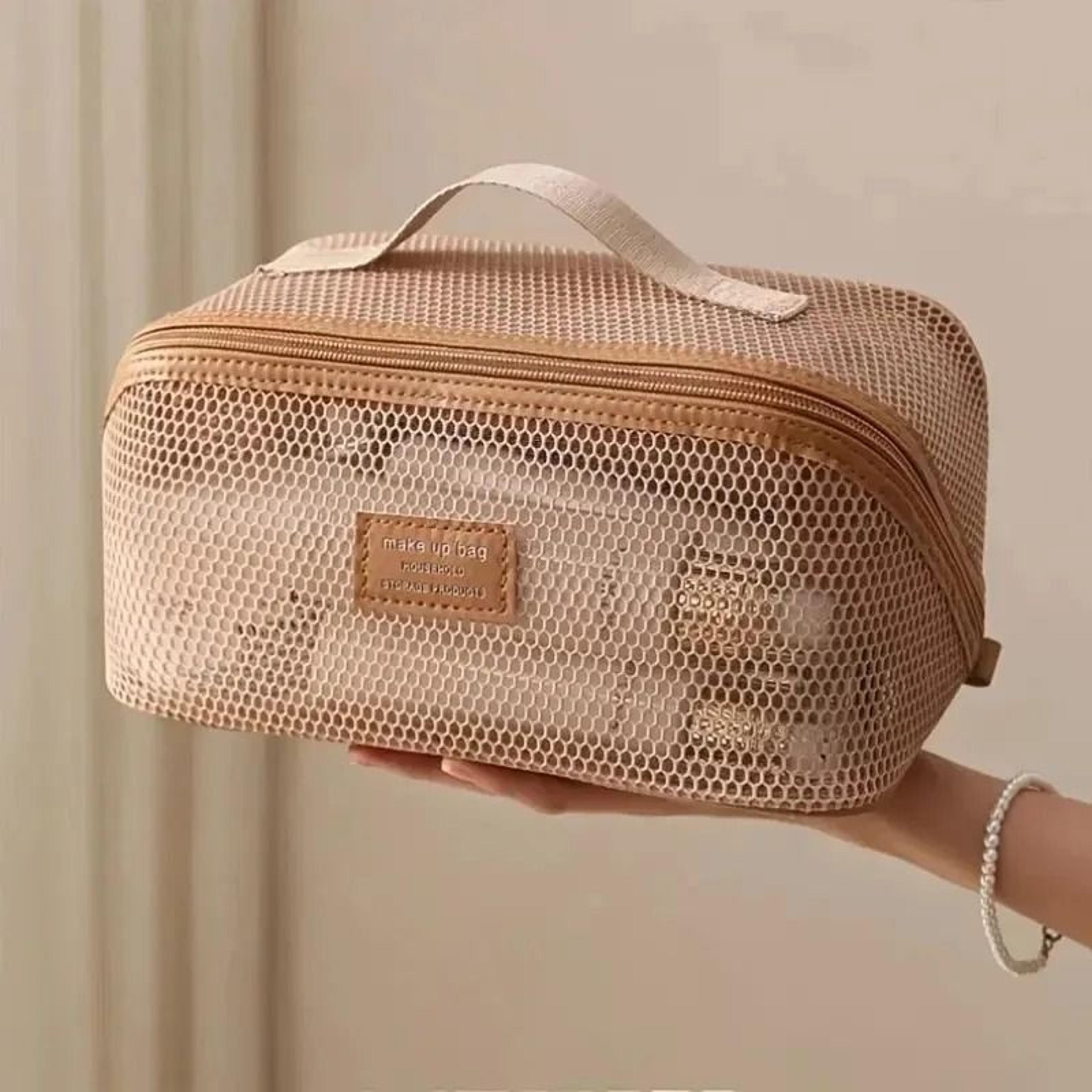 large capacity mesh makeup bag with multi layer zipper organizer