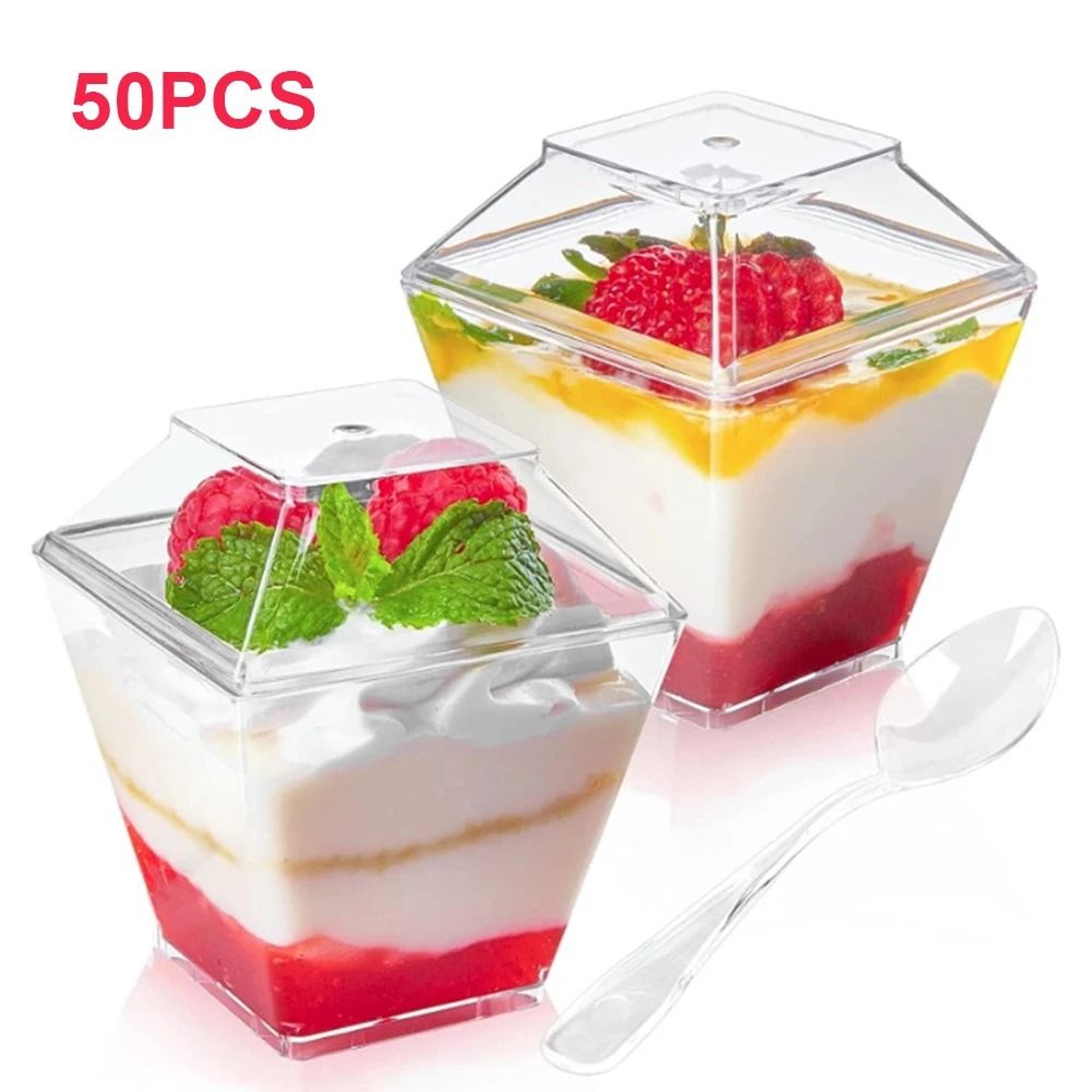2.03oz clear plastic dessert cups with lids and spoons for serving and entertaining