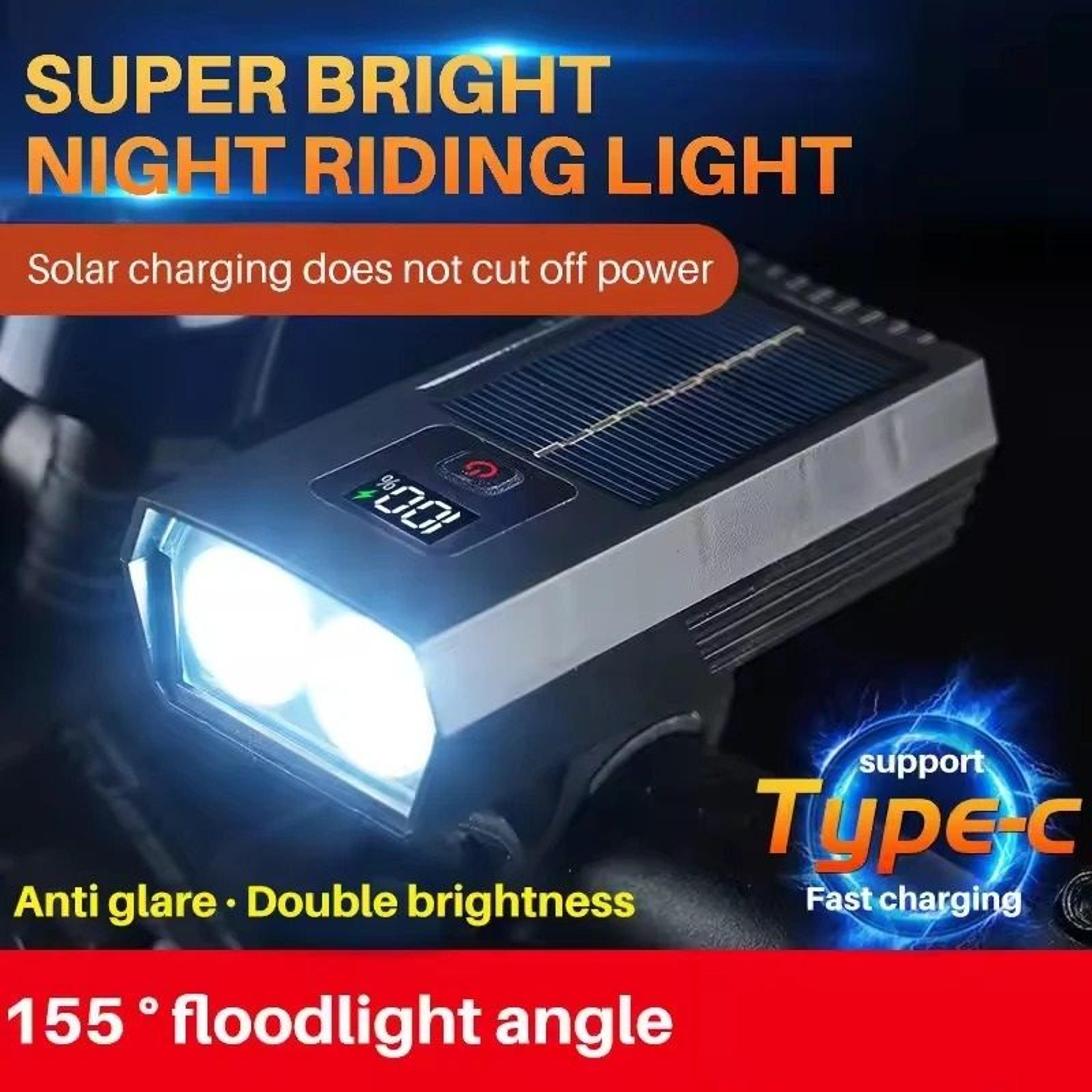 multi function bicycle headlight with solar charging and digital display