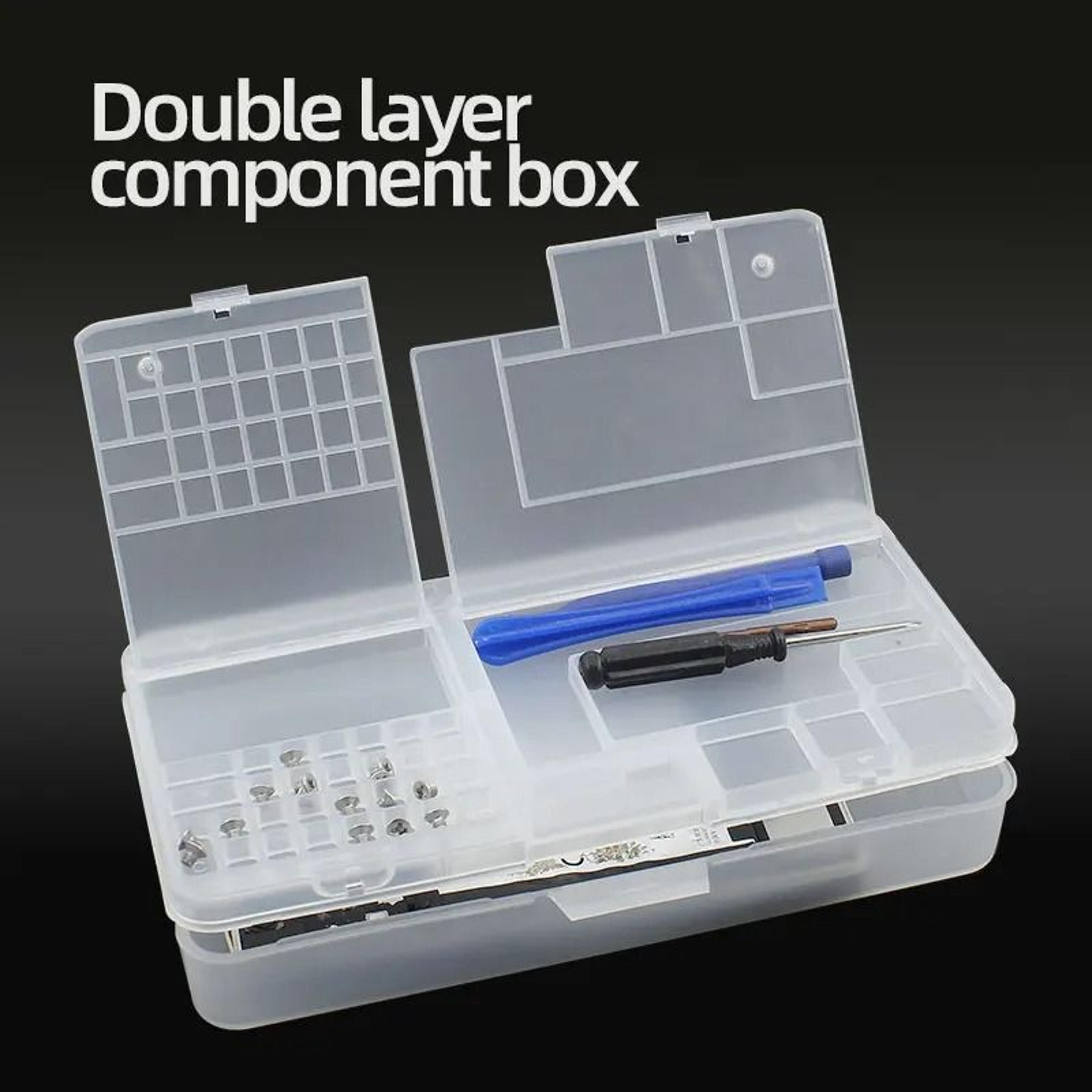 transparent plastic electronic component storage box with grid compartments