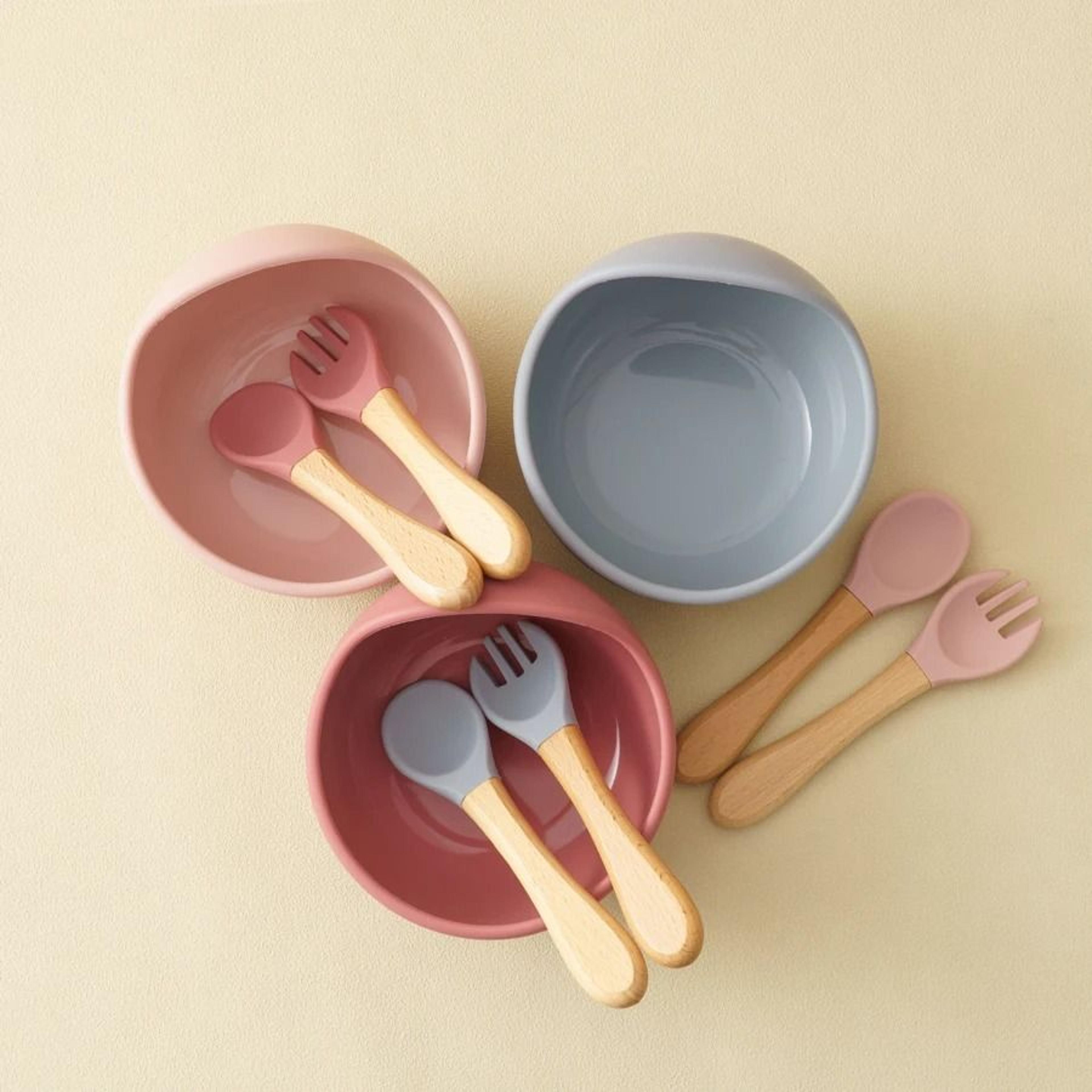 3 Piece Wood And Silicone Kids Feeding Bowl Set 1