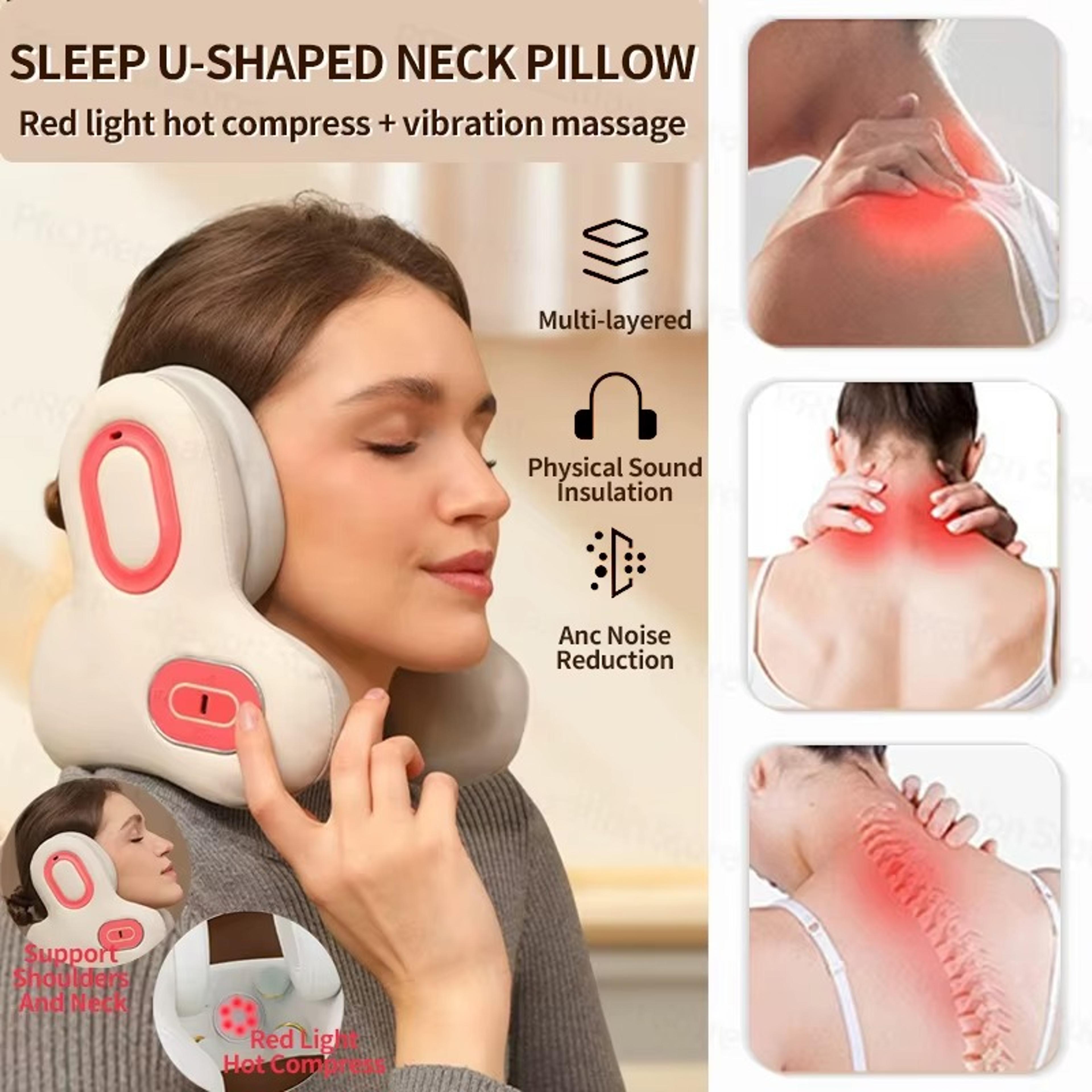 wireless neck massager with red light & hot compress, u-shaped pillow, bluetooth music & sleep noise reduction