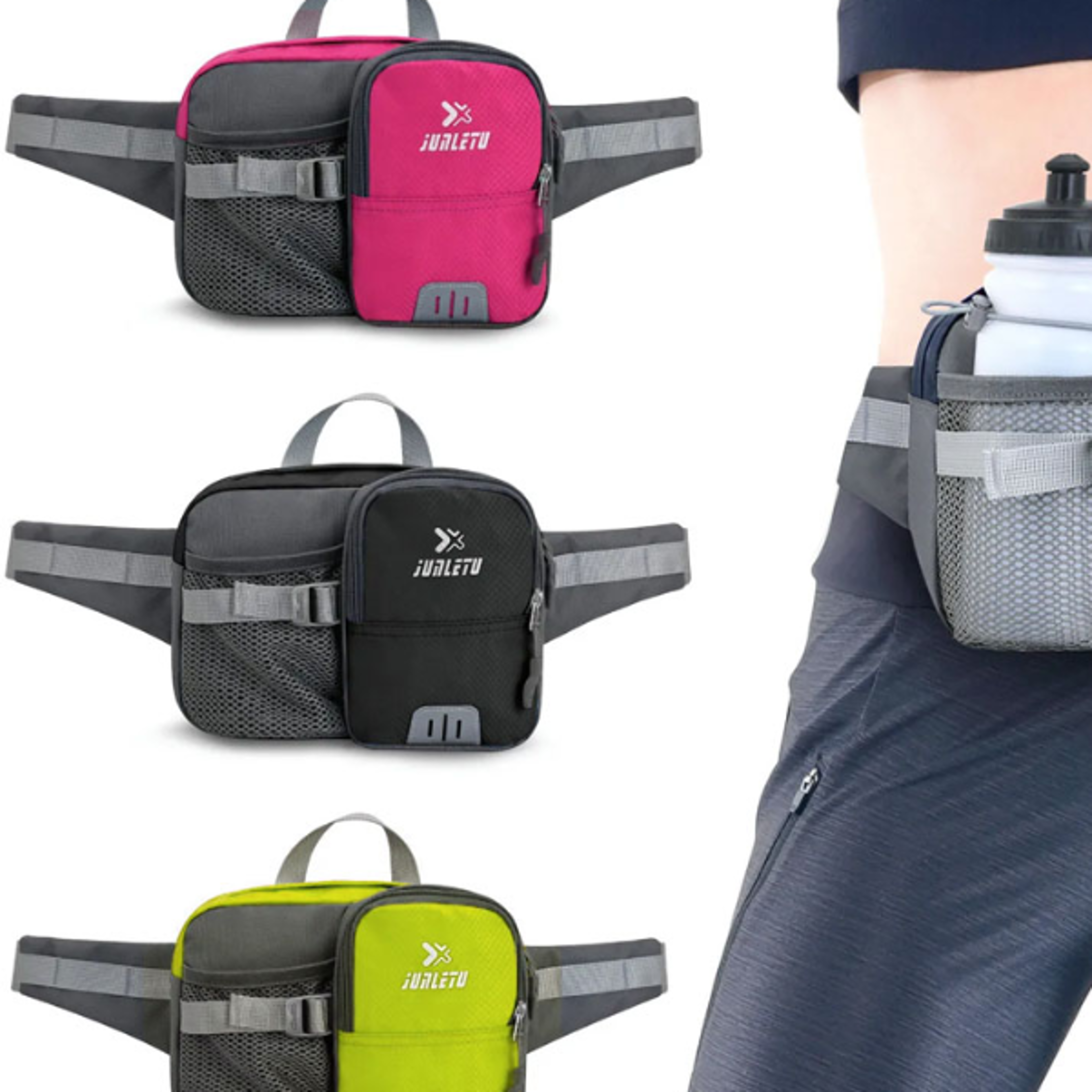 adjustable fanny pack with bottle holder, water-resistant waist bag, multi-pocket design for hiking, travel, cycling