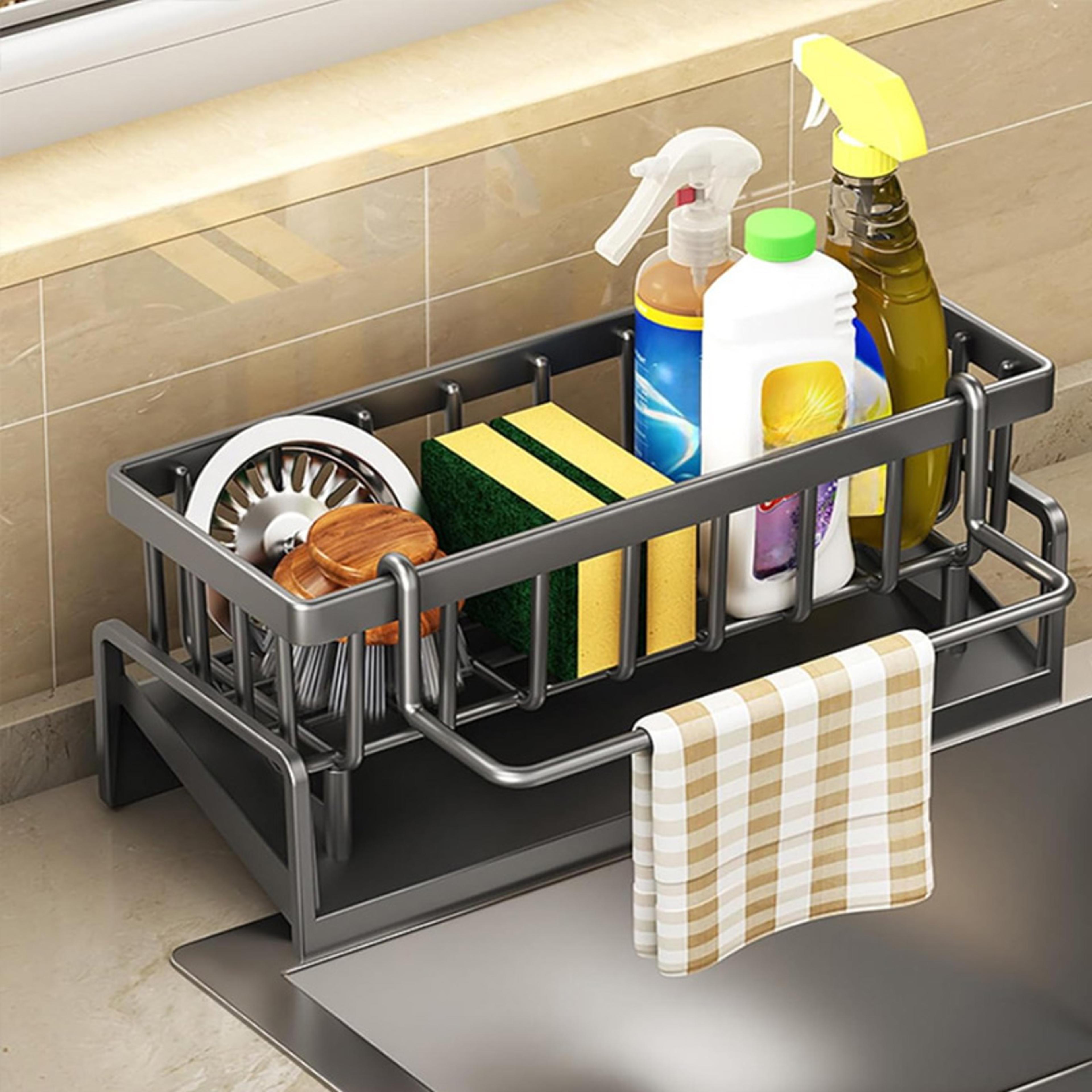 carbon steel kitchen sink organizer with tilted drain tray sponge & brush countertop storage racks