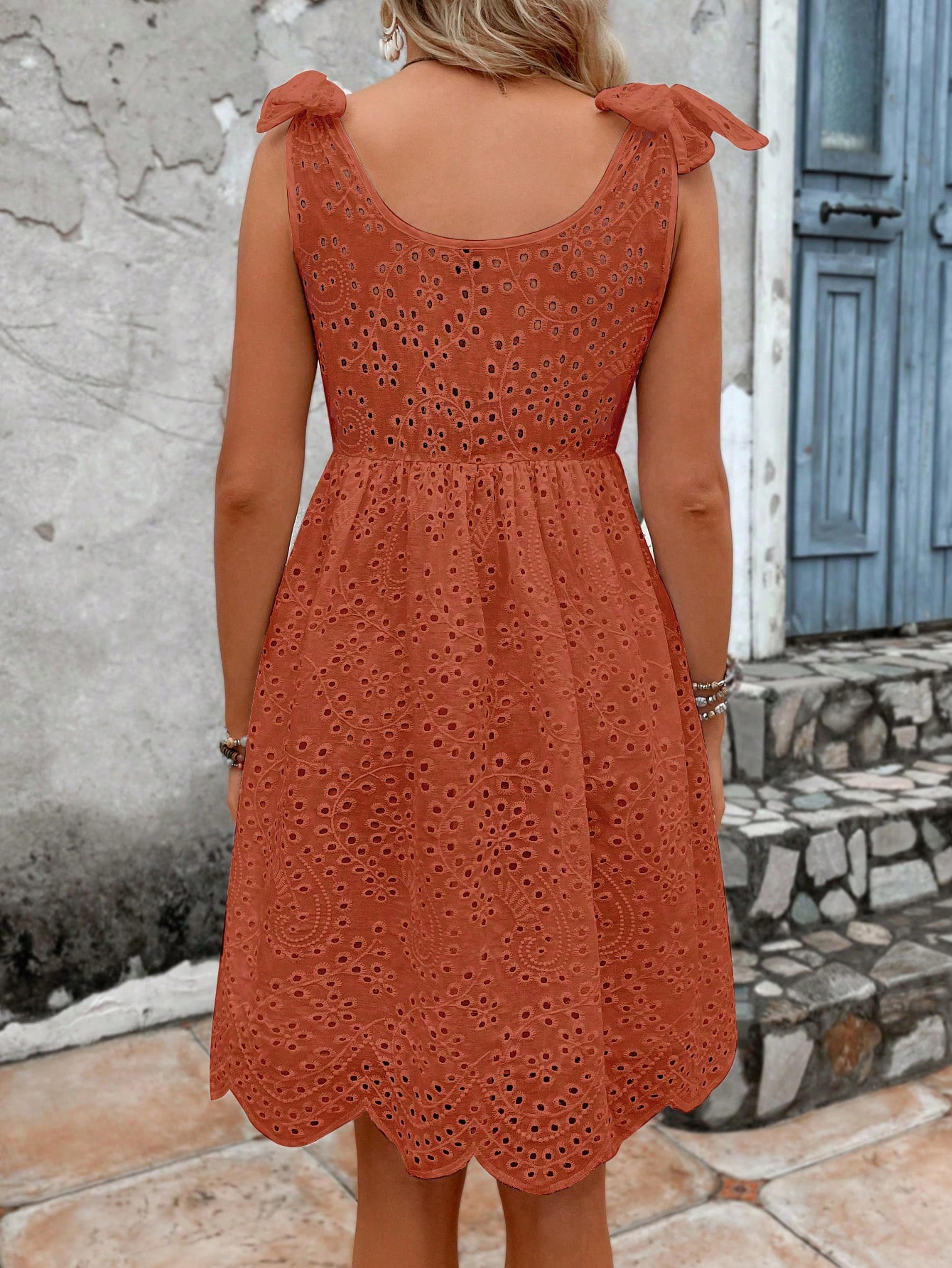 Boho Mini Eyelet Embroidery Summer Sundress With Tie Shoulders 1
