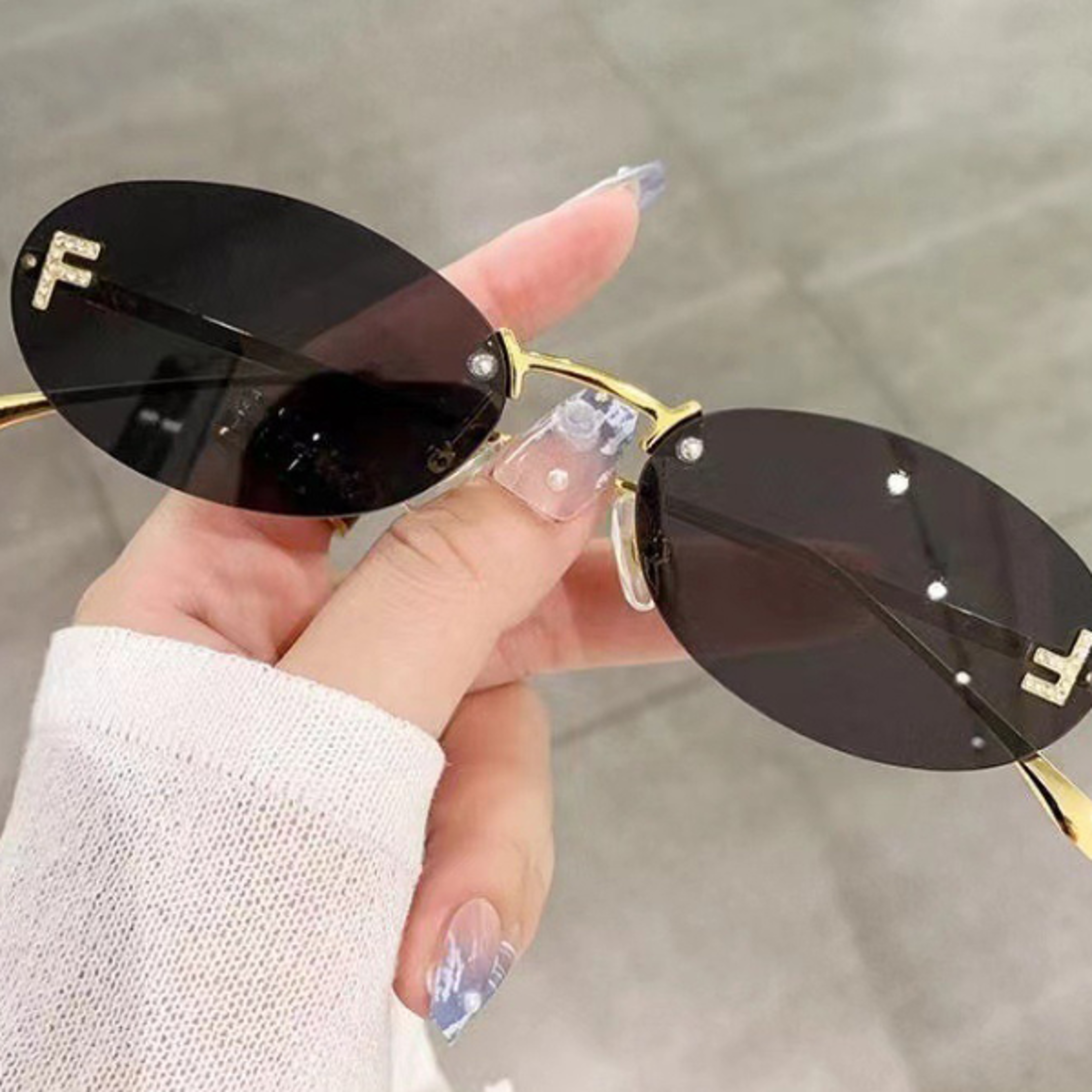 diamond f rimless sunglasses luxury small oval sunglasses for women & men