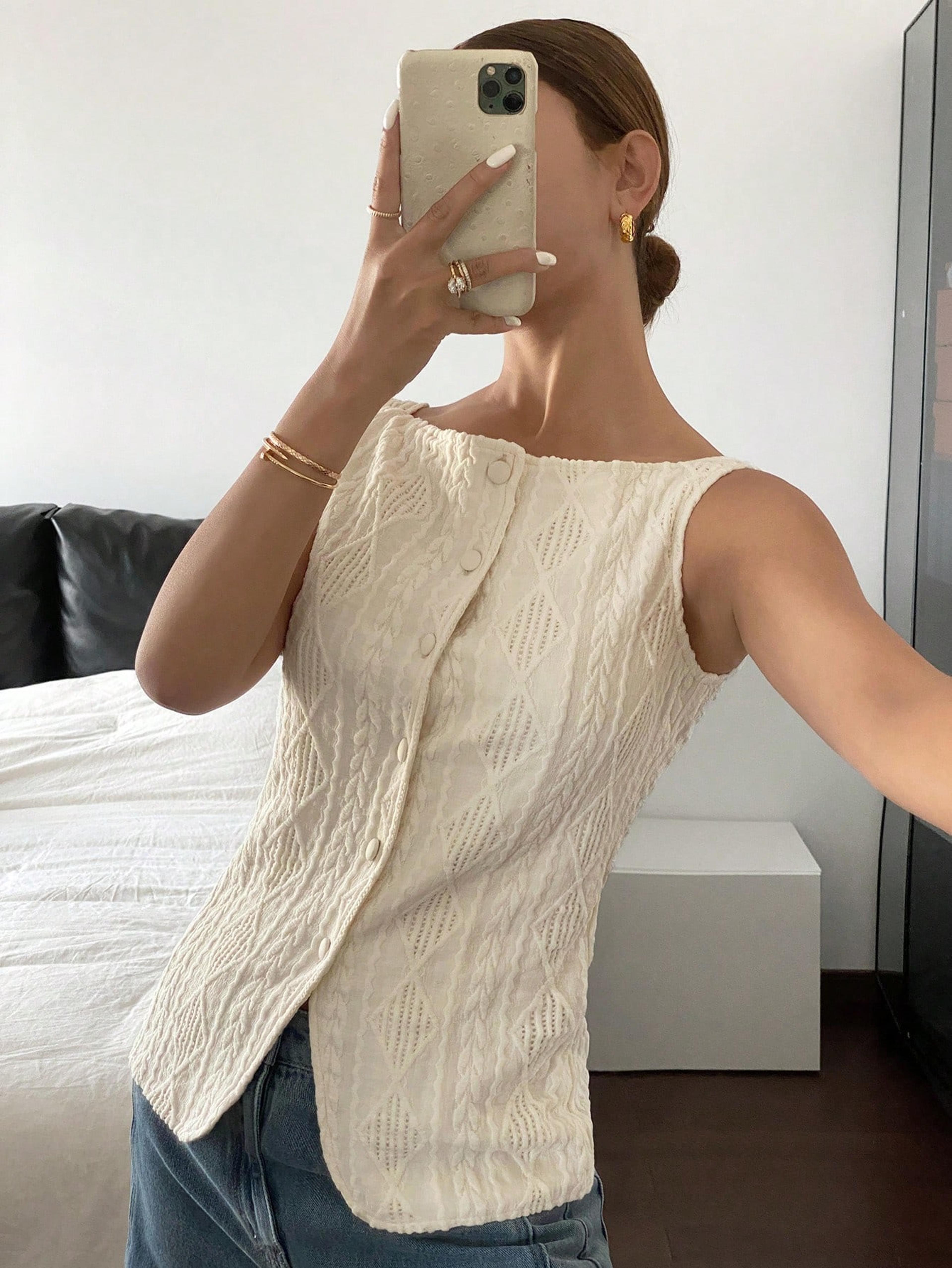 Textured Button Front Sleeveless Summer Blouse For Women Casual Lightweight Top 2