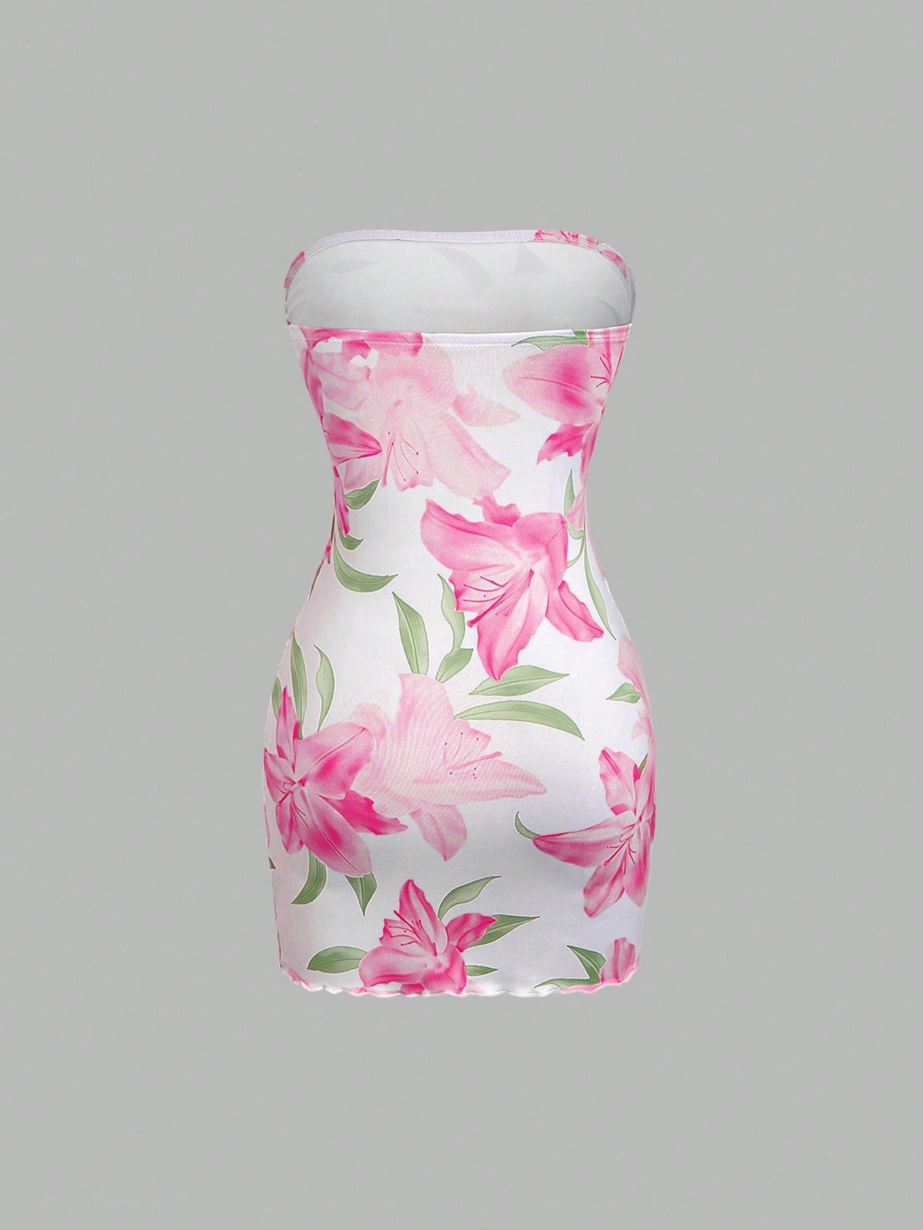 Strapless Floral Dress For Women With Lily Print Waist Tie  Bodycon Mini Fit 2