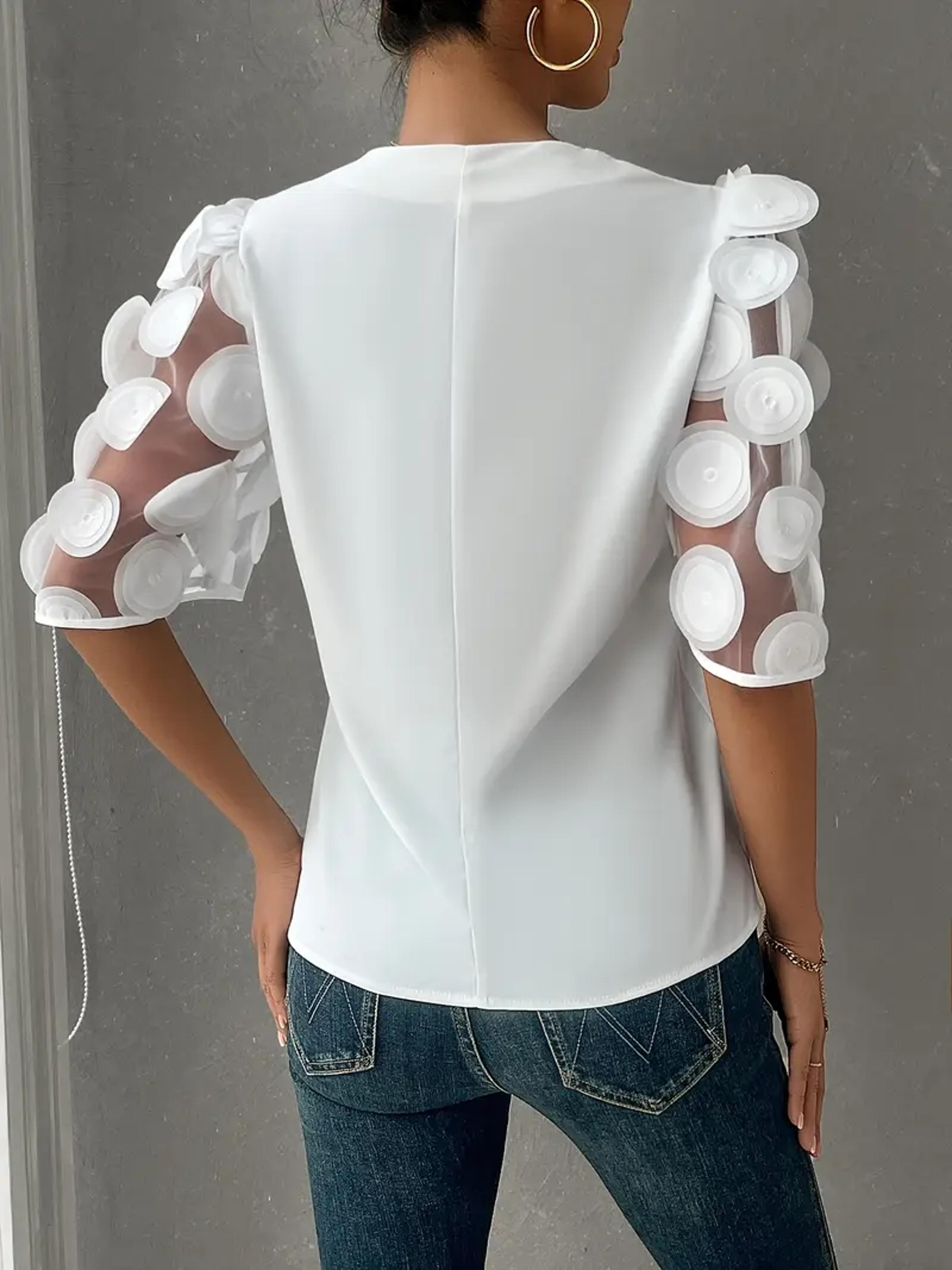 Elegant Womens V Neck Party Blouse With Sheer Puff Sleeves  Applique Details 1