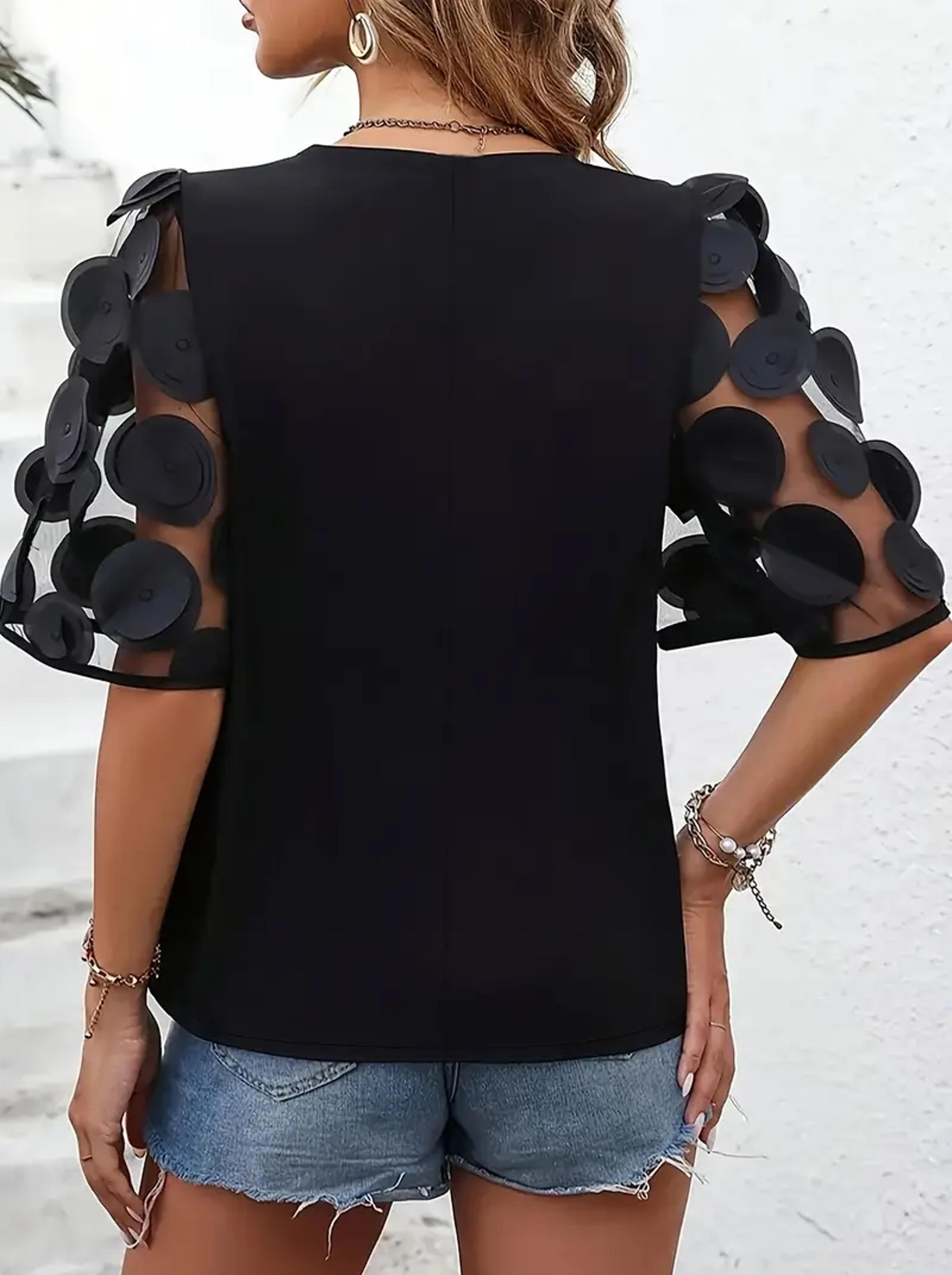 Elegant Womens V Neck Party Blouse With Sheer Puff Sleeves  Applique Details 3