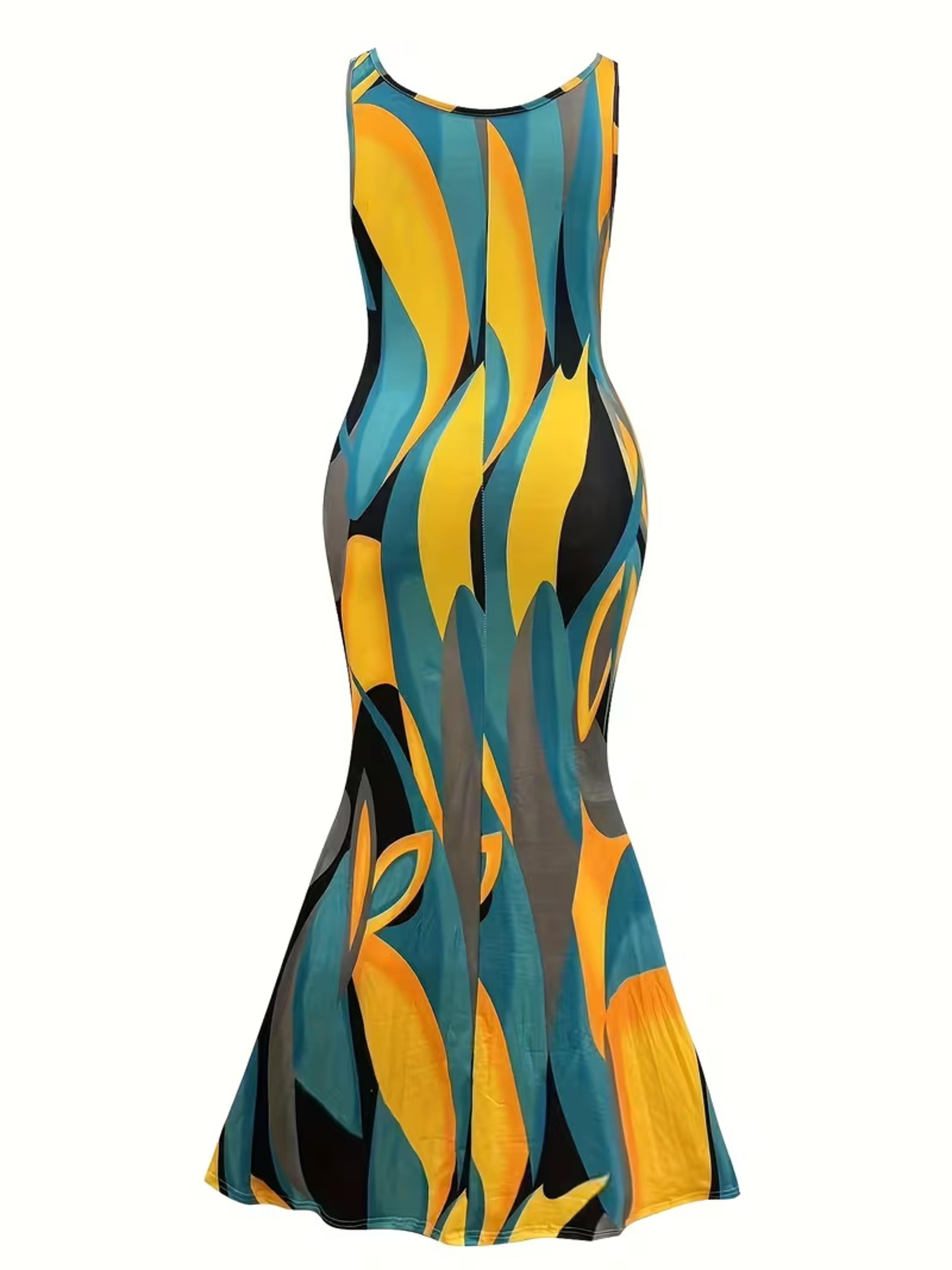 Mermaid Bodycon Maxi Dress With Geometric Water Ripple Print 2
