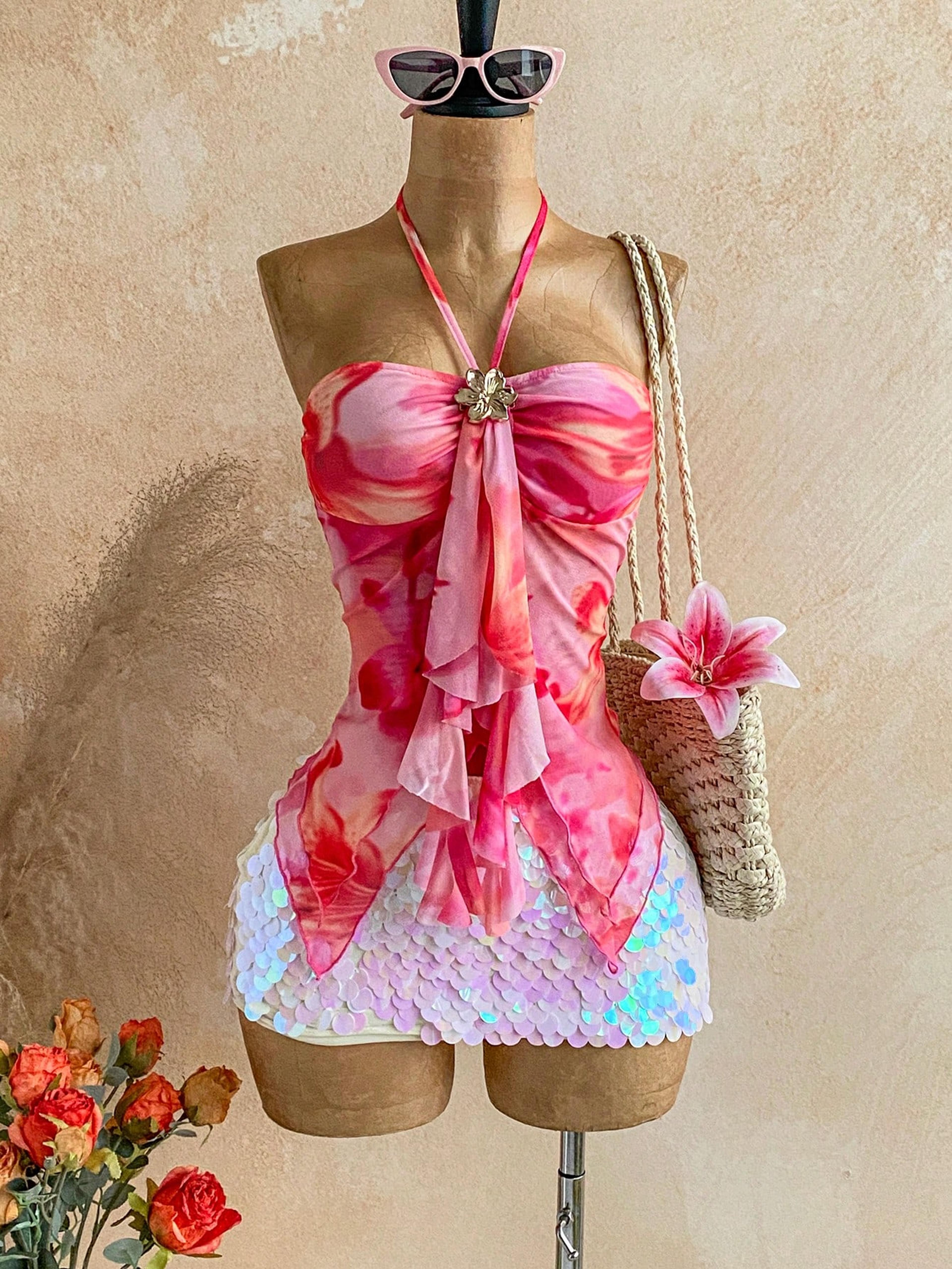 Floral Halter Tie Neck Off Shoulder Blouse For Women Summer Vacation Camisole 1